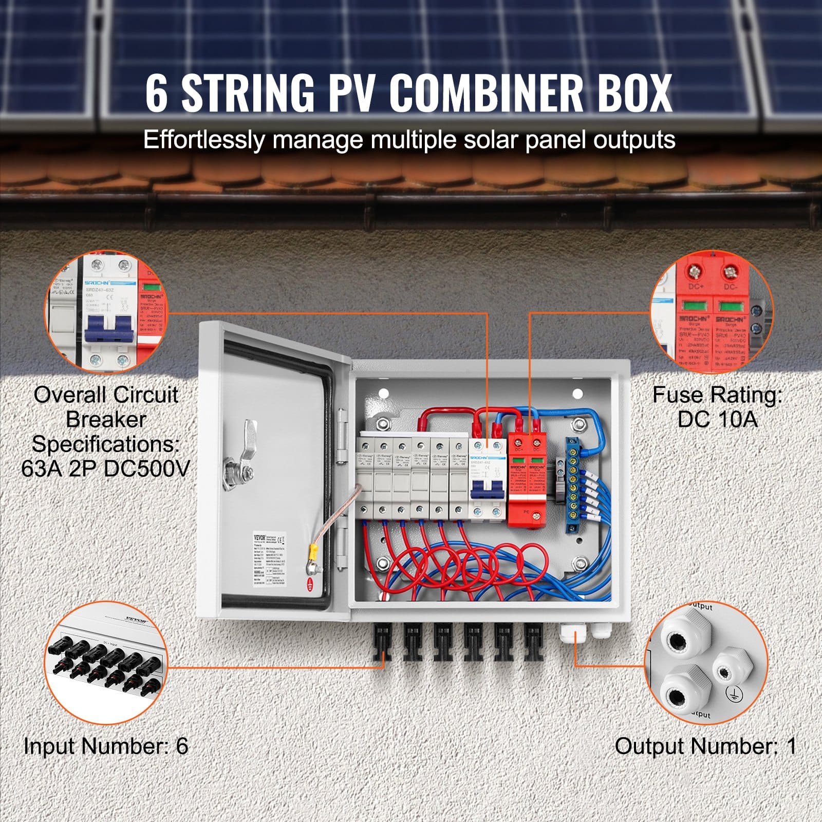 VEVOR 6-String PV Combiner Box with 10A Fuses, 63A Breaker, Lightning Arrester, IP65 Steel Case for Solar Systems - Зображення 3