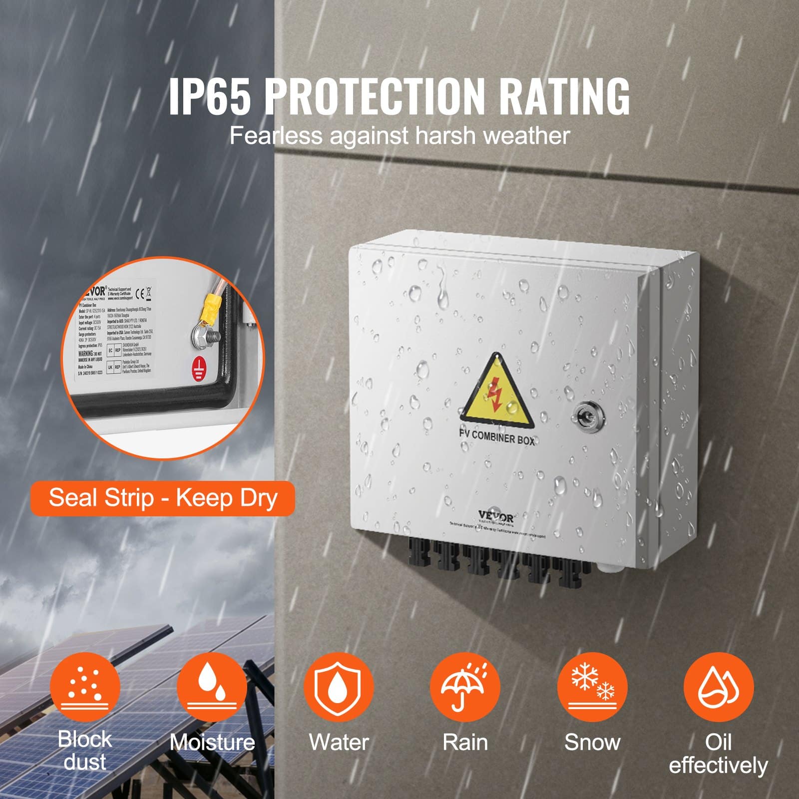 VEVOR 6-String PV Combiner Box with 10A Fuses, 63A Breaker, Lightning Arrester, IP65 Steel Case for Solar Systems - Зображення 4