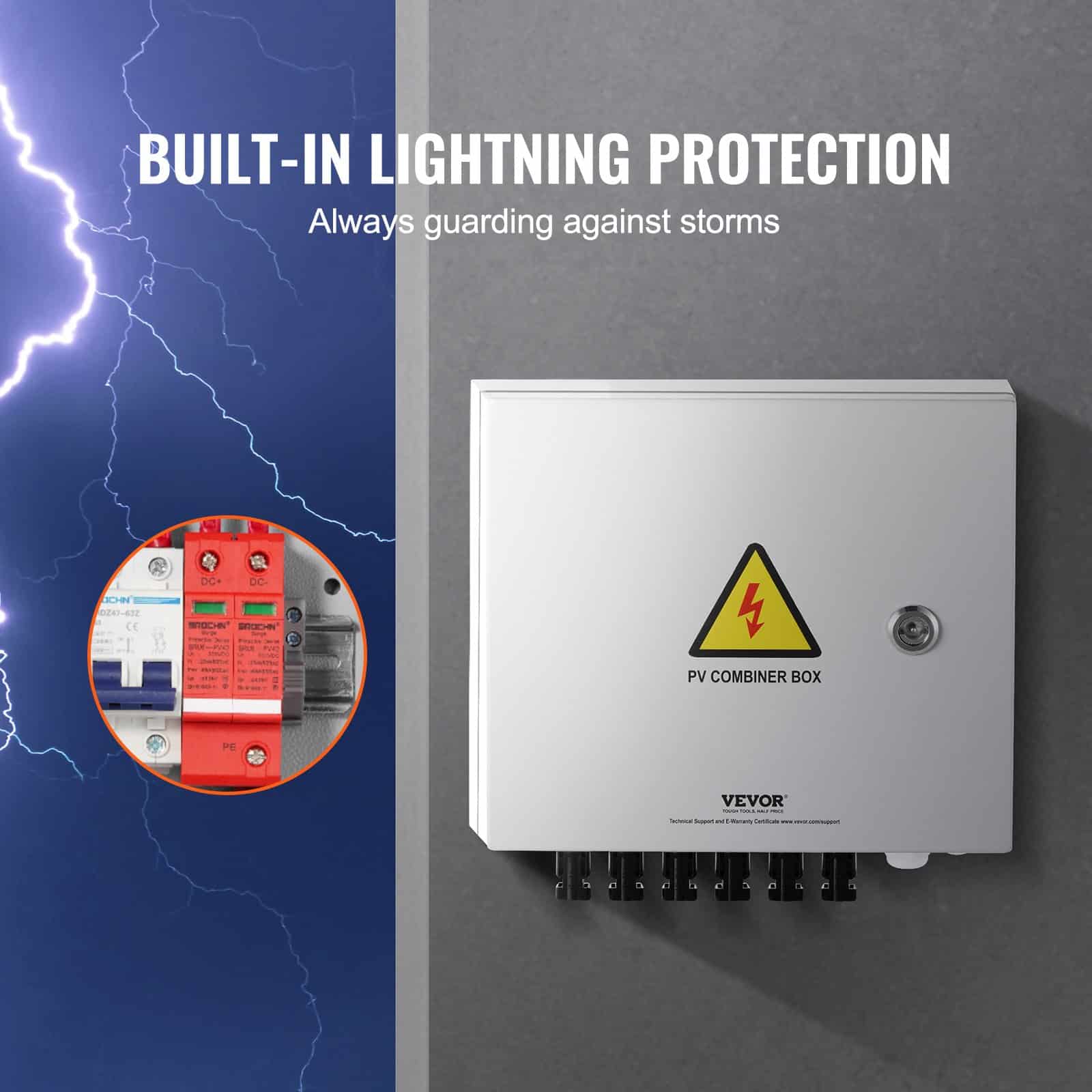 VEVOR 6-String PV Combiner Box with 10A Fuses, 63A Breaker, Lightning Arrester, IP65 Steel Case for Solar Systems - Зображення 5