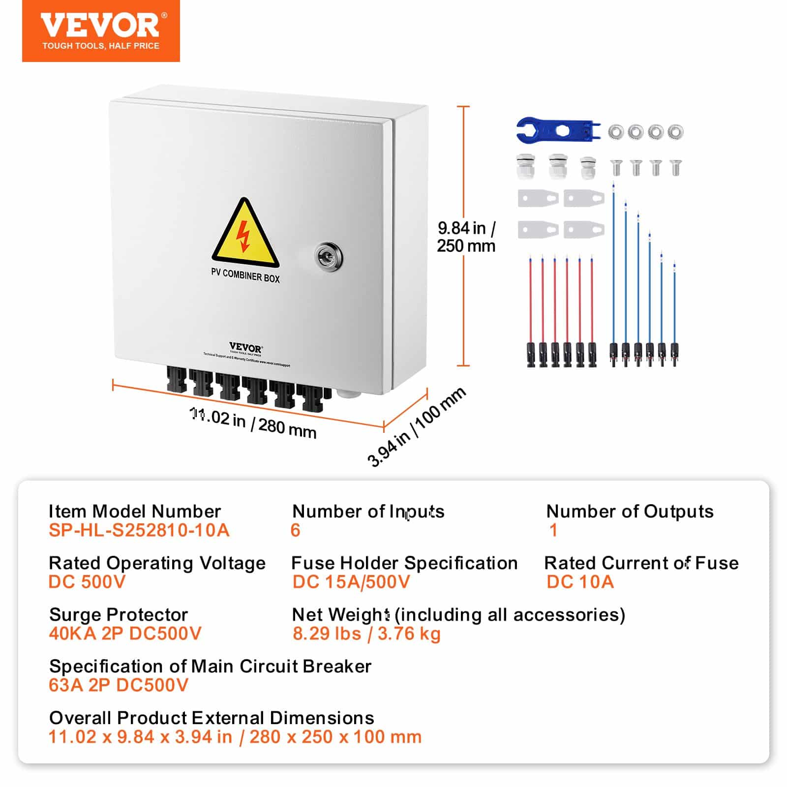 VEVOR 6-String PV Combiner Box with 10A Fuses, 63A Breaker, Lightning Arrester, IP65 Steel Case for Solar Systems - Зображення 7