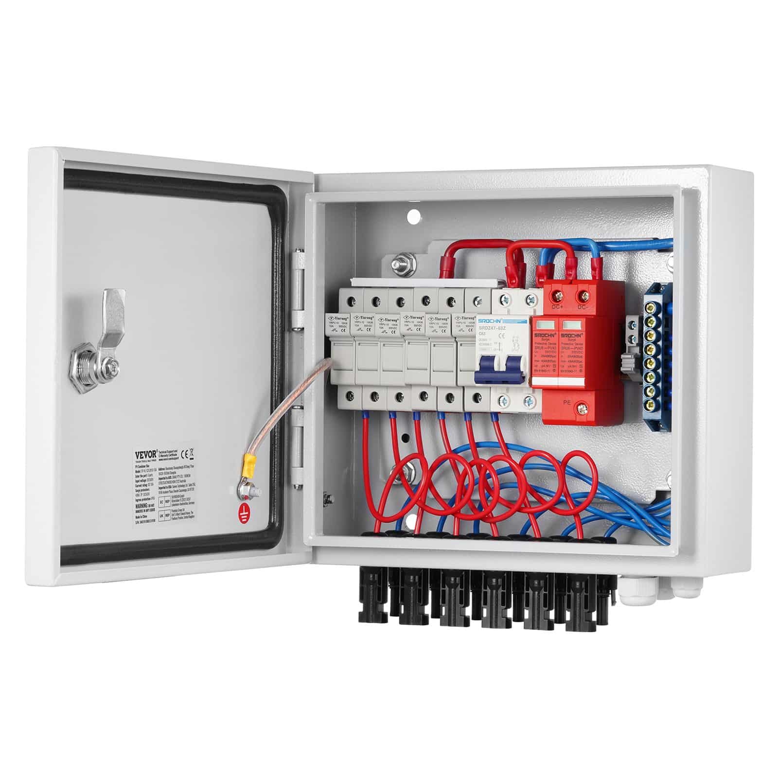 VEVOR 6-String PV Combiner Box with 10A Fuses, 63A Breaker, Lightning Arrester, IP65 Steel Case for Solar Systems - Зображення 10
