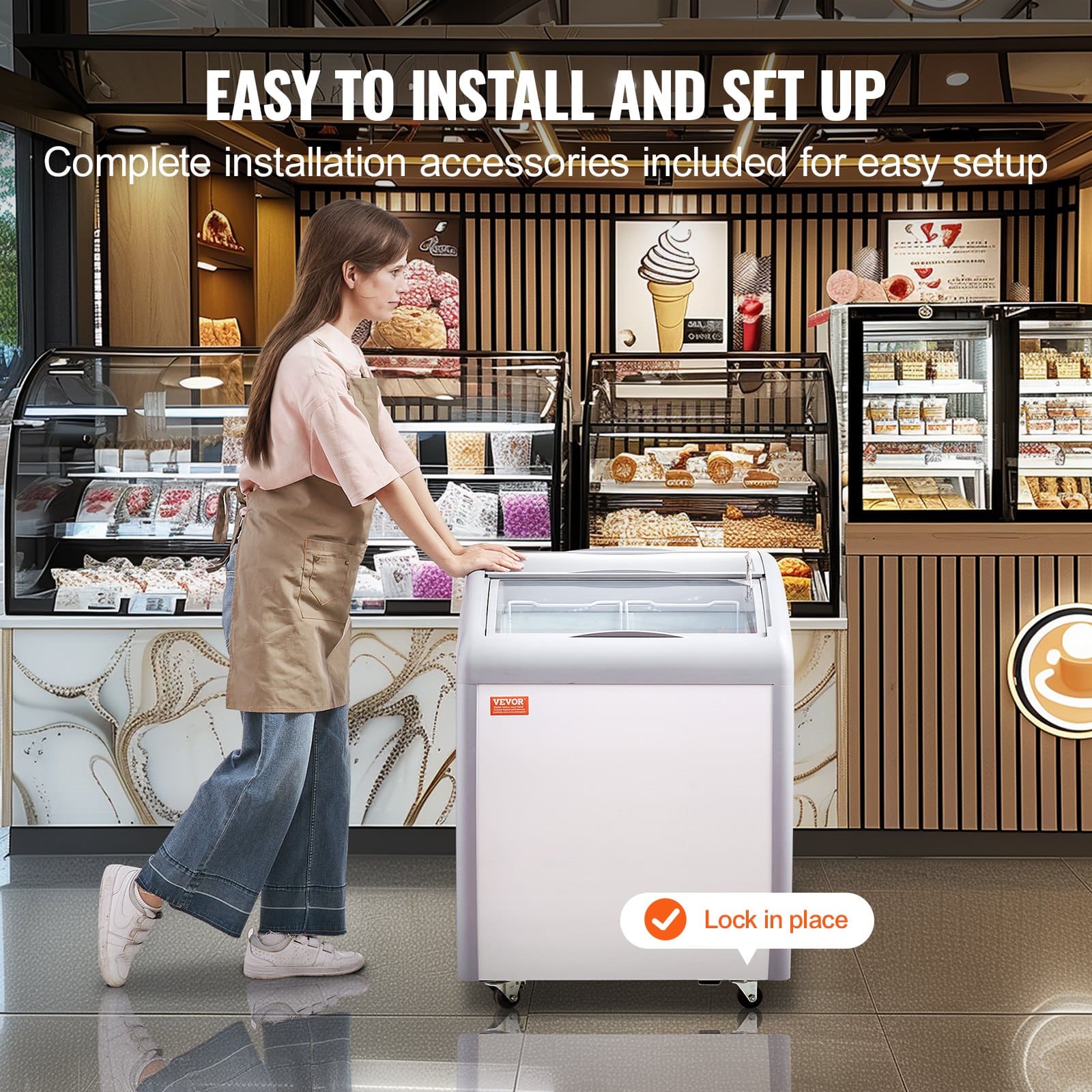 VEVOR 154L Commercial Ice Cream Display Freezer with Glass Top, LED, 2 Baskets, Locking Wheels, for Restaurants - Pilt 6