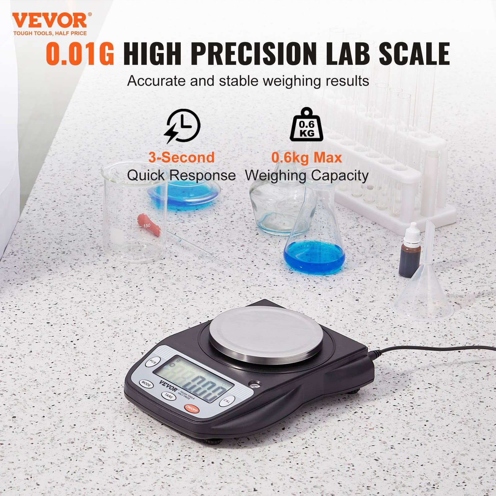 VEVOR Analytical Balance 600g x 0.01g High Precision Lab Scale with LCD, 6 Units, Stainless Tray, for Lab & Jewelry – Paveikslėlis 2