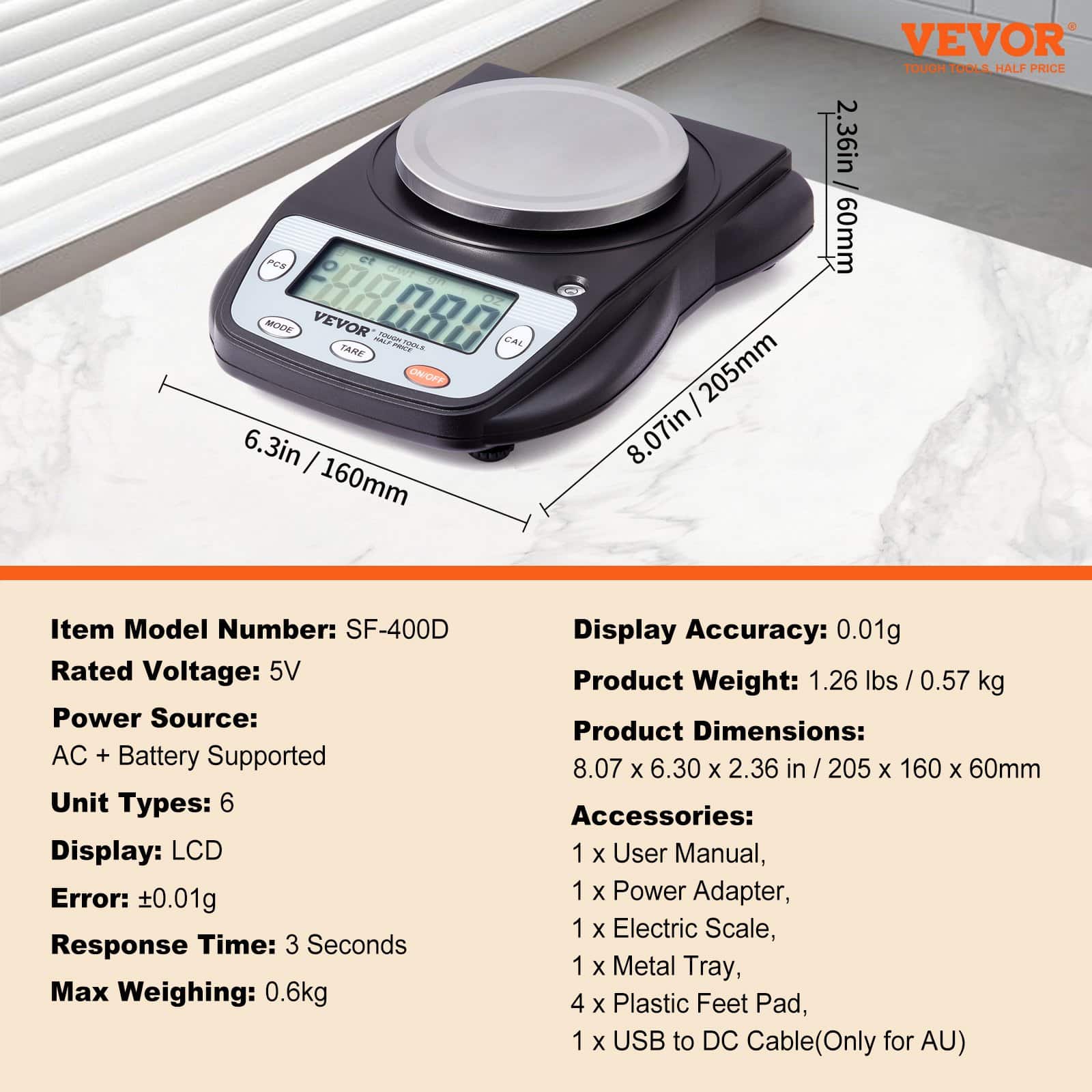 VEVOR Analytical Balance 600g x 0.01g High Precision Lab Scale with LCD, 6 Units, Stainless Tray, for Lab & Jewelry – Paveikslėlis 7