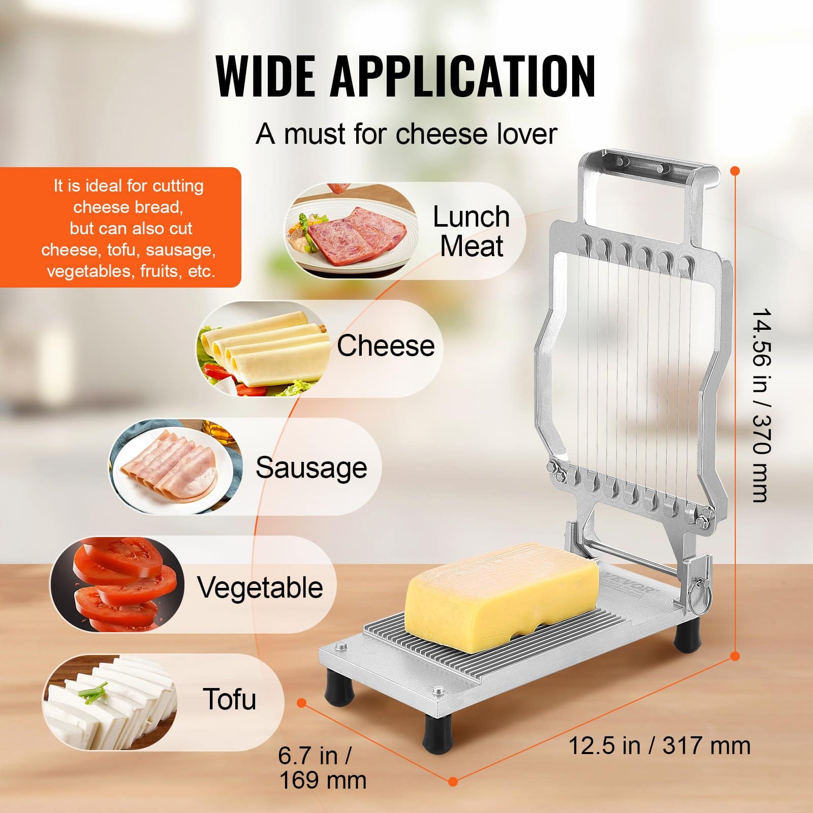 VEVOR Commercial Cheese Slicer with 10mm & 20mm Wire Blades, Stainless Steel Cutter, Aluminum Frame, Easy Disassembly - Pilt 6