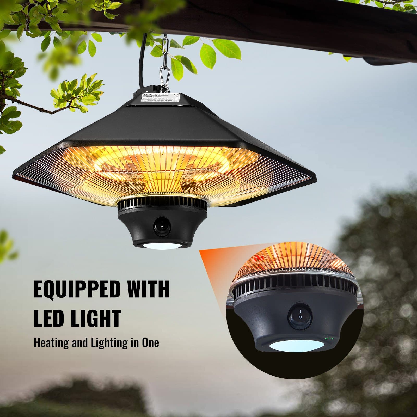 VEVOR 2000W Infrared Hanging Patio Heater with Remote, 3 Heat Settings, IP34, LED Light, for Indoor/Outdoor Use — attēls 6