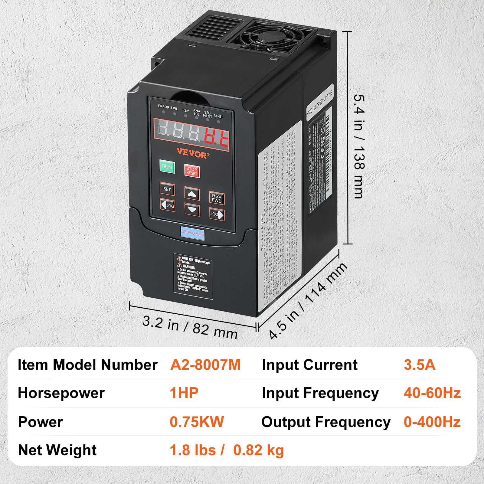 VEVOR 0.75kW 1HP Variable Frequency Drive, 220V Input/Output, 3.5A, 0–400Hz, VFD Speed Controller for CNC Spindle Motor — изображение 7
