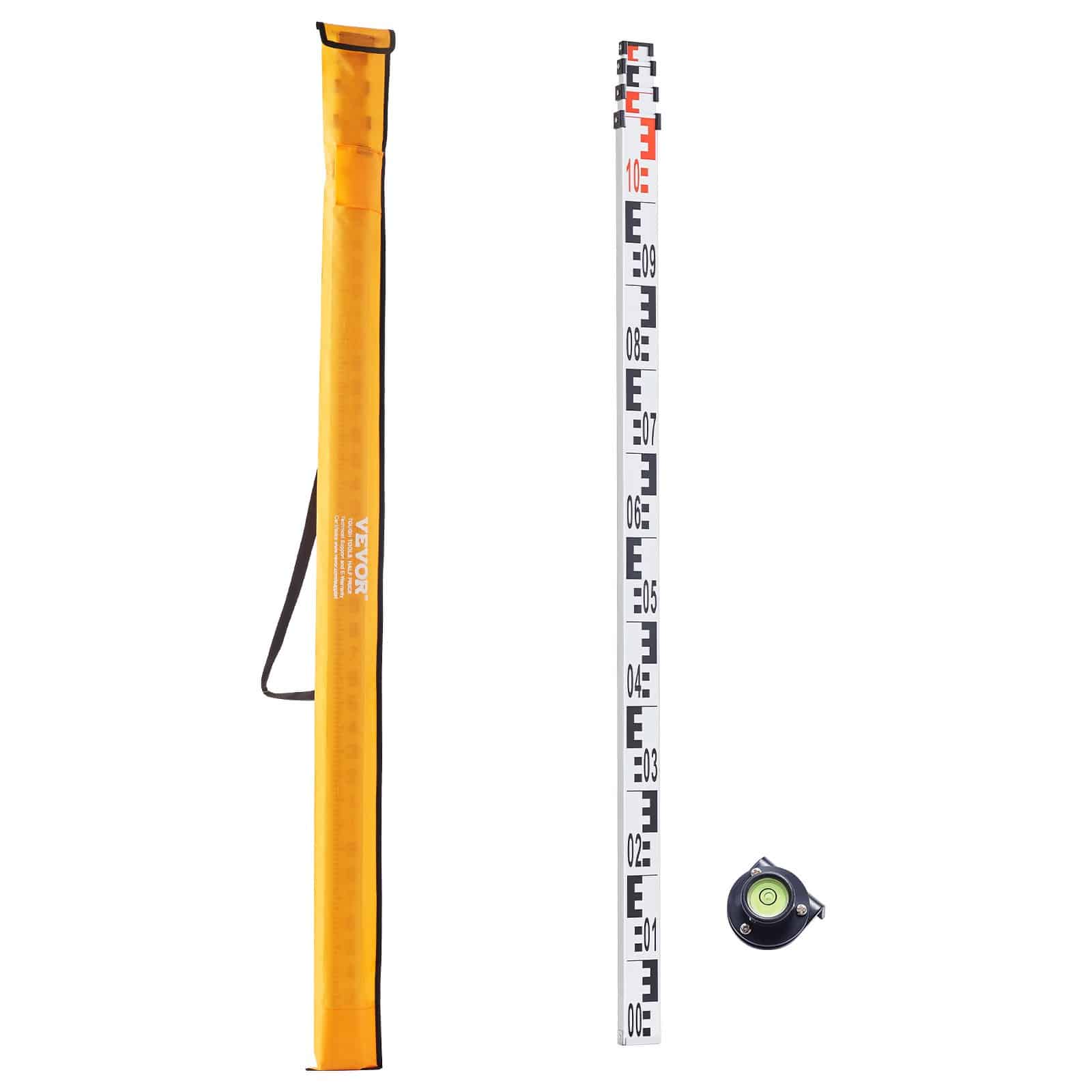 VEVOR 4m Aluminum Telescopic Grade Rod with Double-Sided CM/MM Scale, Bubble Level & Carry Bag for Surveying & Leveling