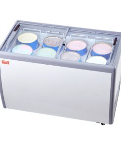 коммерческая мороженое VEVOR 370L с дисплеем мороженого с 8 ваннами, раздвижными стеклянными дверями, светодиодным освещением и запираемыми колесами - белое