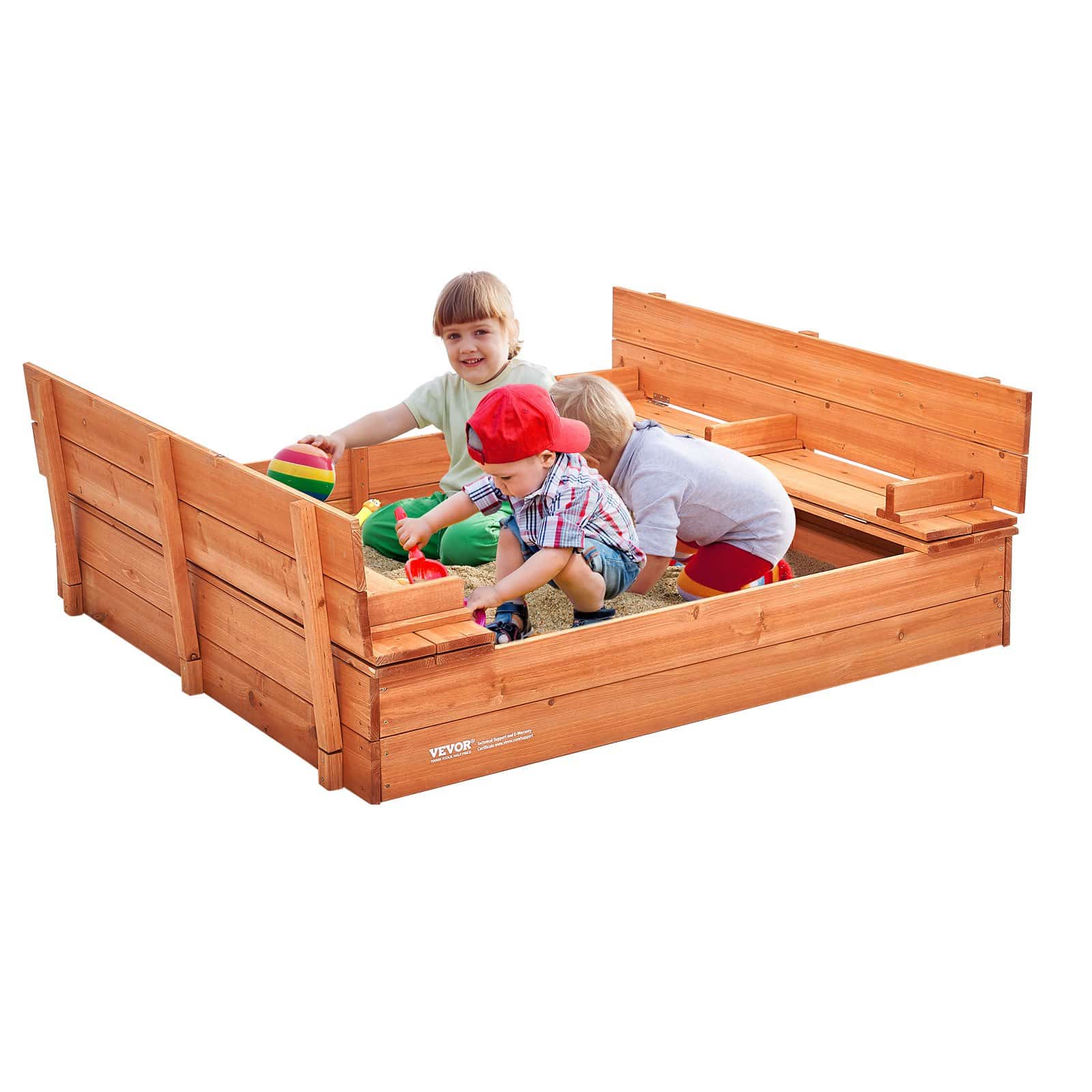VEVOR Wooden Sandbox 133x120x43 cm with Foldable Benches & Liner, Outdoor Kids Sand Pit for Backyard, Park, Ages 3–12