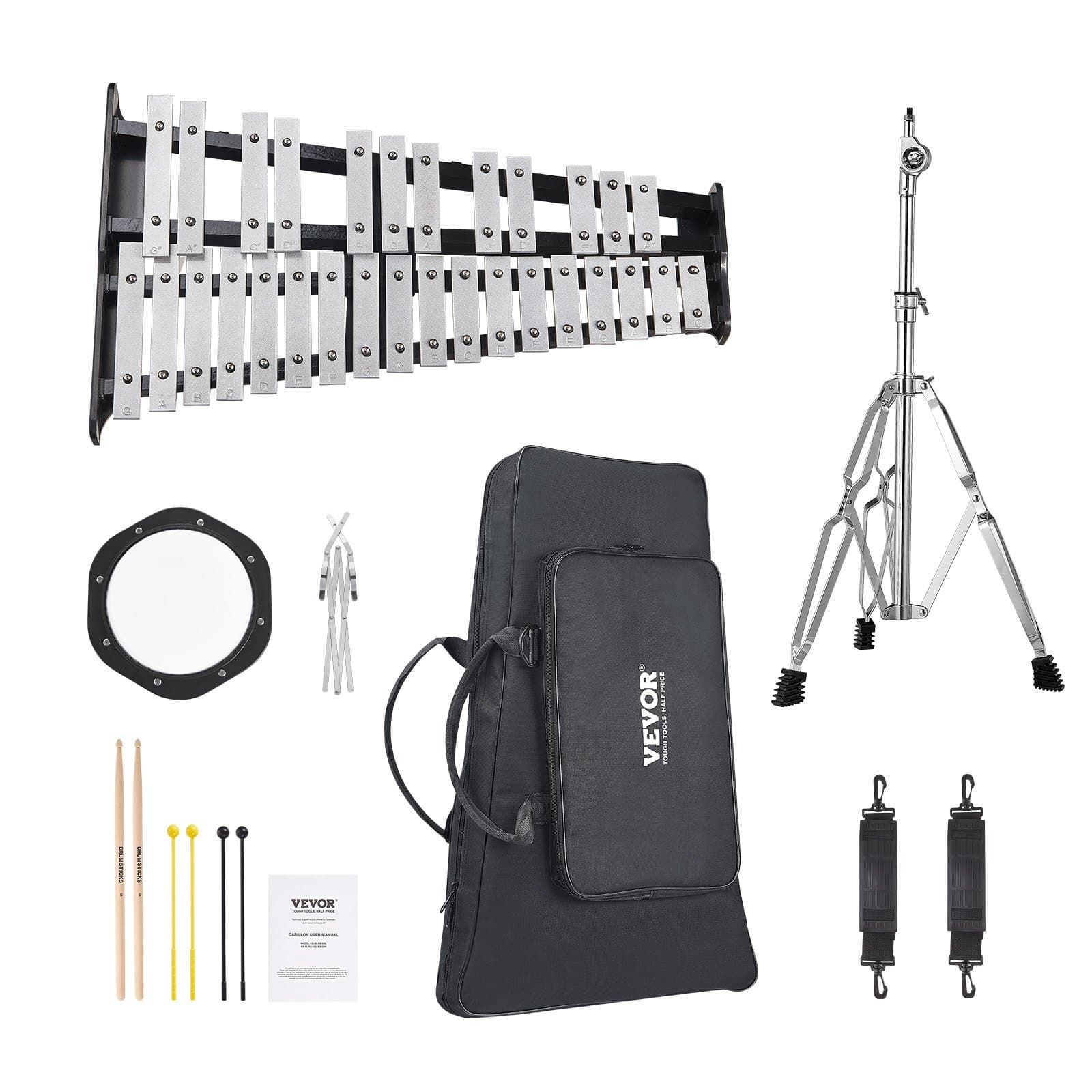 VEVOR 30-Note Glockenspiel Xylophone Kit with Adjustable Stand, 20.3cm Practice Pad, Mallets, Music Stand & Carry Bag — изображение 9