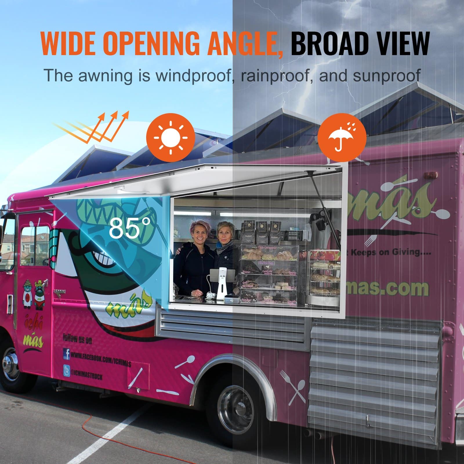 VEVOR 122x91cm Aluminum Food Truck Concession Window with Awning & Lock, 85° Opening, No Glass Included - Image 4