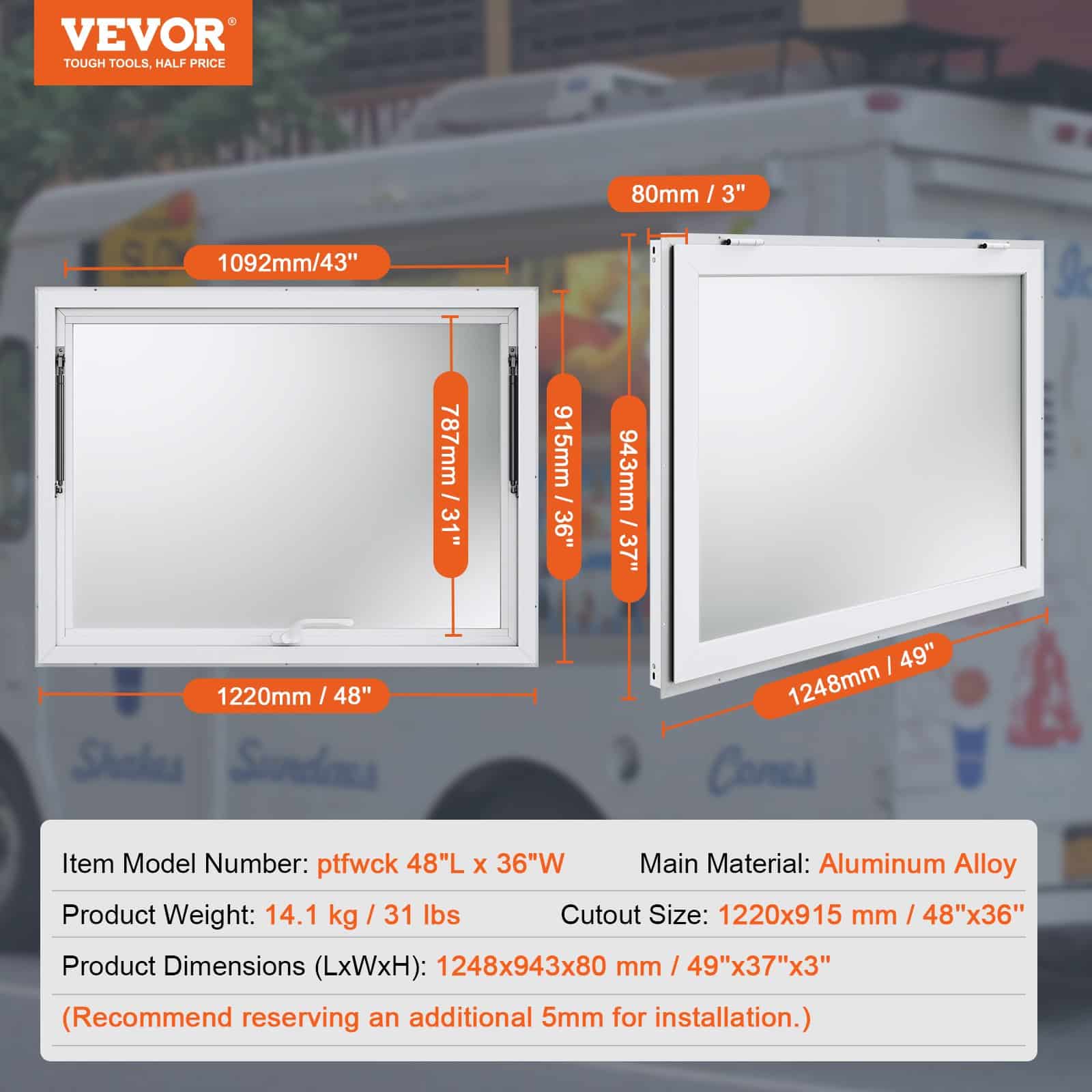 VEVOR 122x91cm Aluminum Food Truck Concession Window with Awning & Lock, 85° Opening, No Glass Included - Image 7