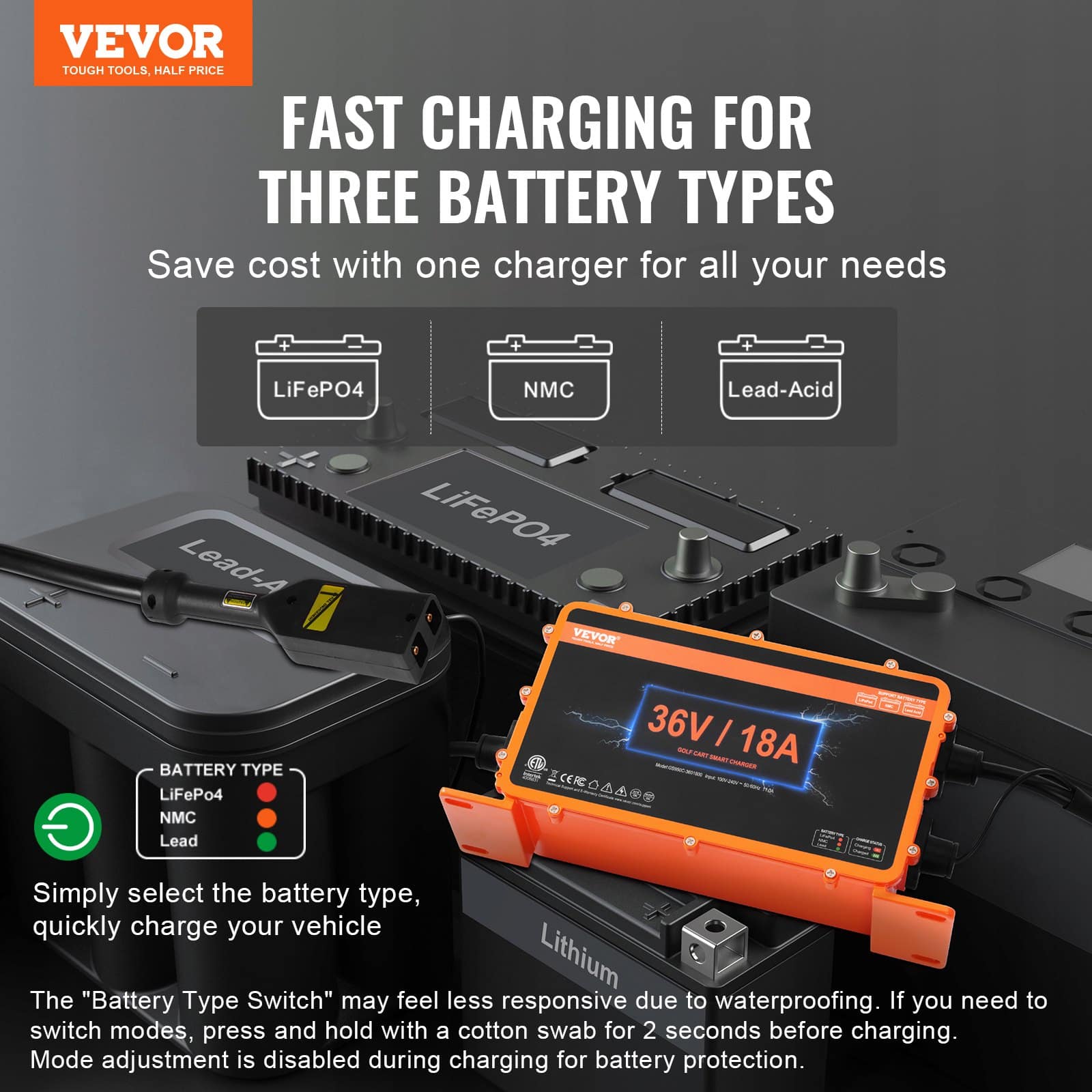 VEVOR 36V 18A Smart Golf Cart Battery Charger, D-Style Plug, IP67 Waterproof, for Lead-Acid, AGM, GEL, EFB, MF, NMC, LiFePO4, ETL - Image 2