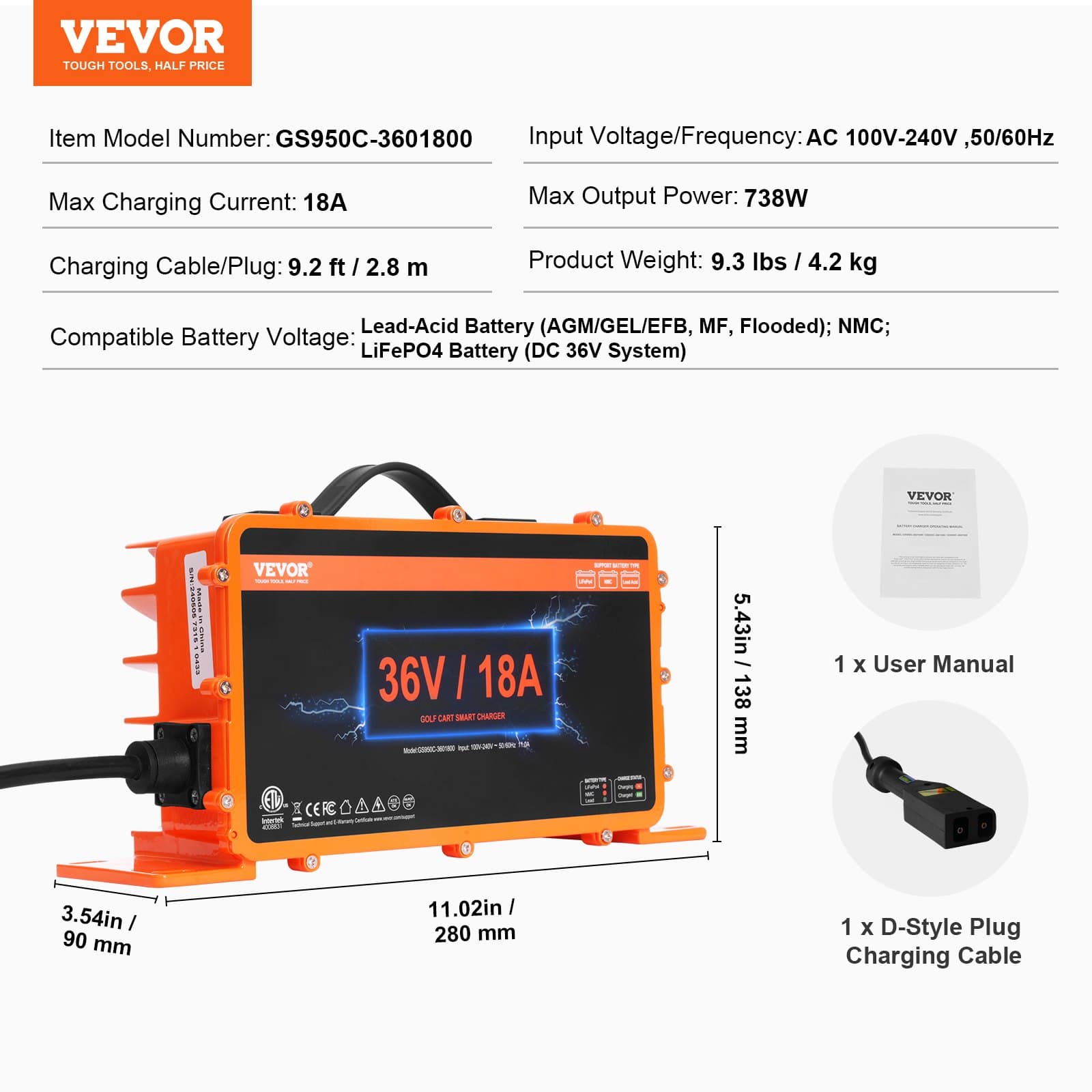 VEVOR 36V 18A Smart Golf Cart Battery Charger, D-Style Plug, IP67 Waterproof, for Lead-Acid, AGM, GEL, EFB, MF, NMC, LiFePO4, ETL - Image 7