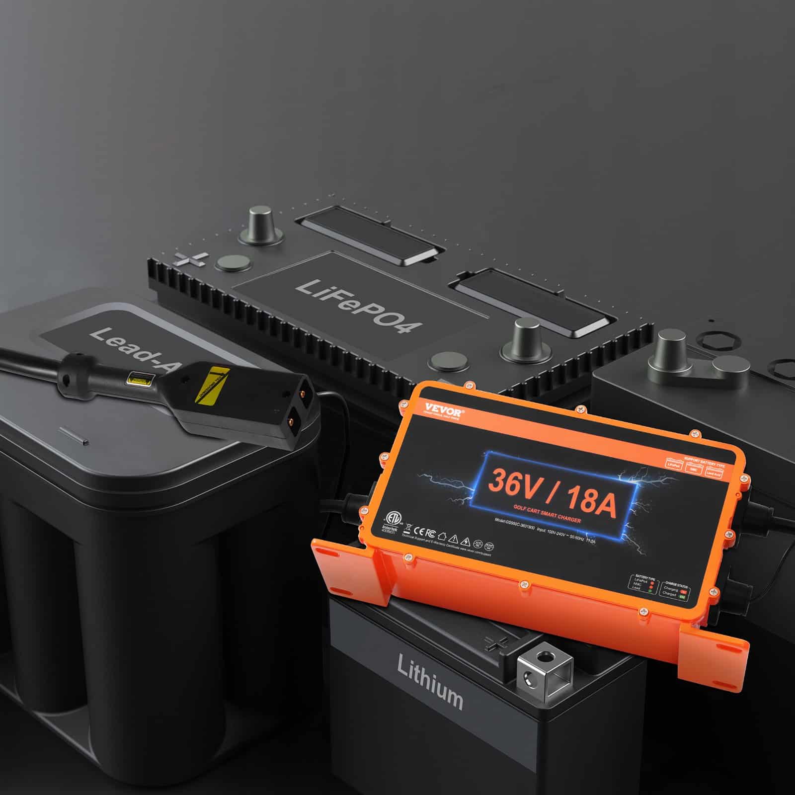 VEVOR 36V 18A Smart Golf Cart Battery Charger, D-Style Plug, IP67 Waterproof, for Lead-Acid, AGM, GEL, EFB, MF, NMC, LiFePO4, ETL - Image 8