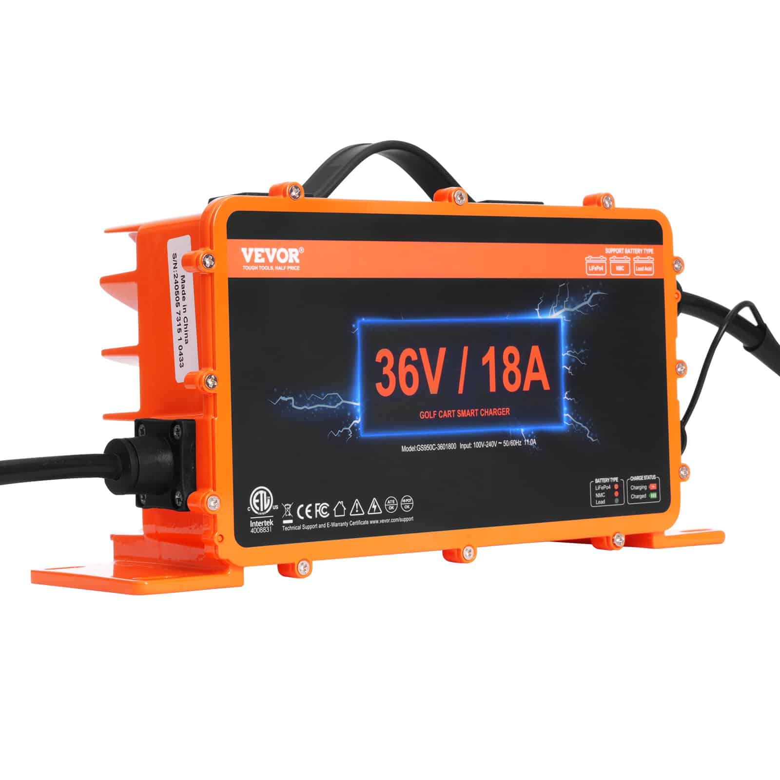 VEVOR 36V 18A Smart Golf Cart Battery Charger, D-Style Plug, IP67 Waterproof, for Lead-Acid, AGM, GEL, EFB, MF, NMC, LiFePO4, ETL - Image 12