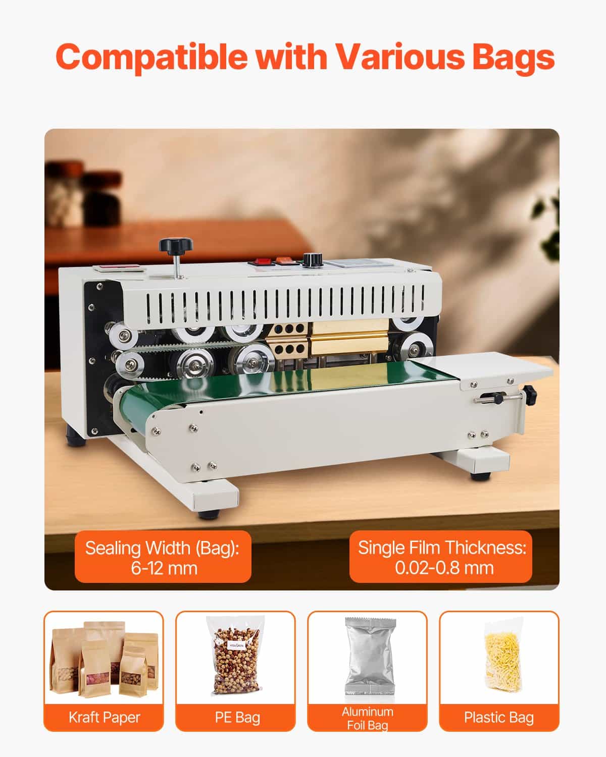 VEVOR Band Sealing Machine 600W, 6–12 mm Seal Width, Horizontal Plastic Bag Sealer with Digital Temp Control & Counter — изображение 3