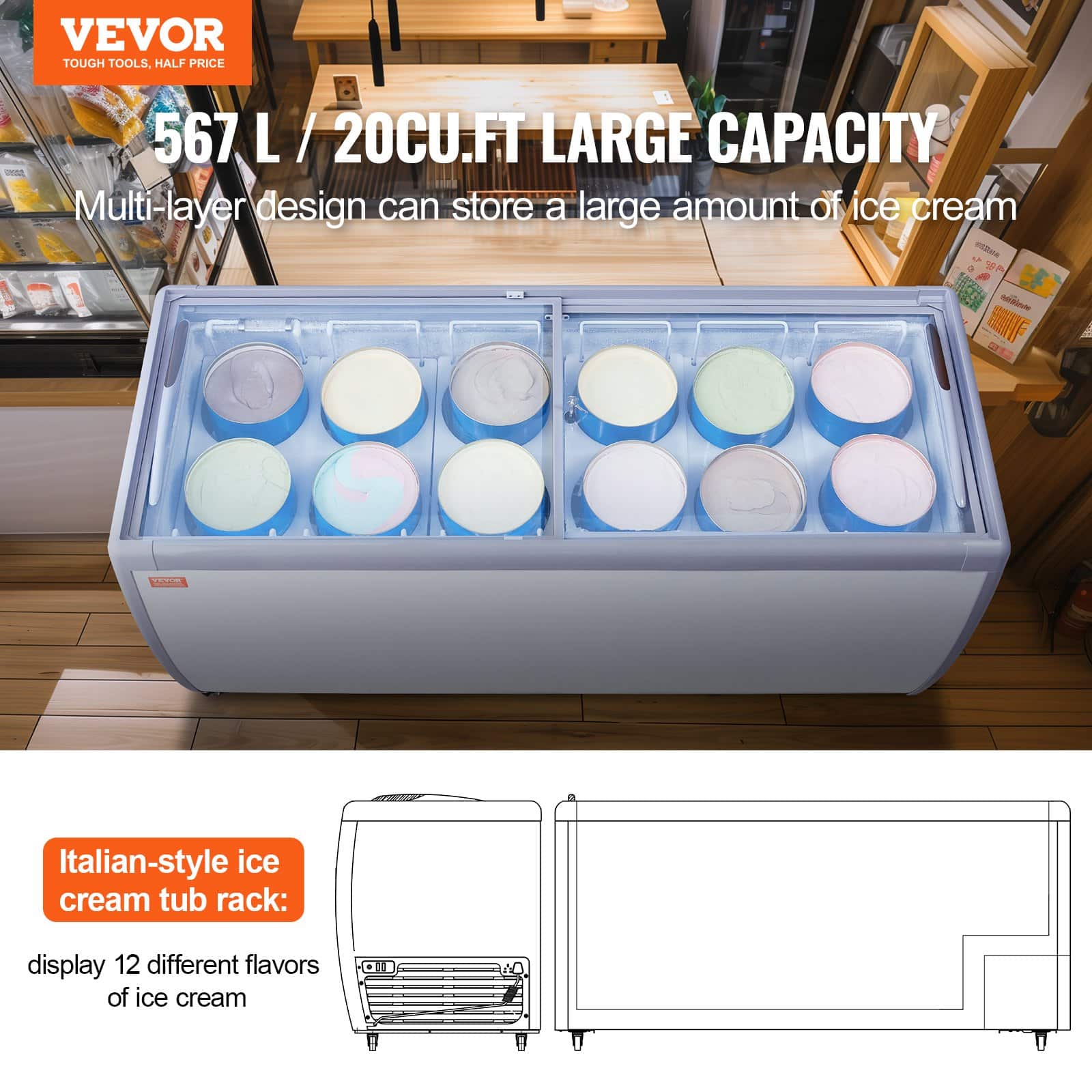 VEVOR 567L Commercial Ice Cream Display Freezer with 12 Tubs, Glass Sliding Doors, LED Lighting, Lockable Casters - White – Paveikslėlis 2