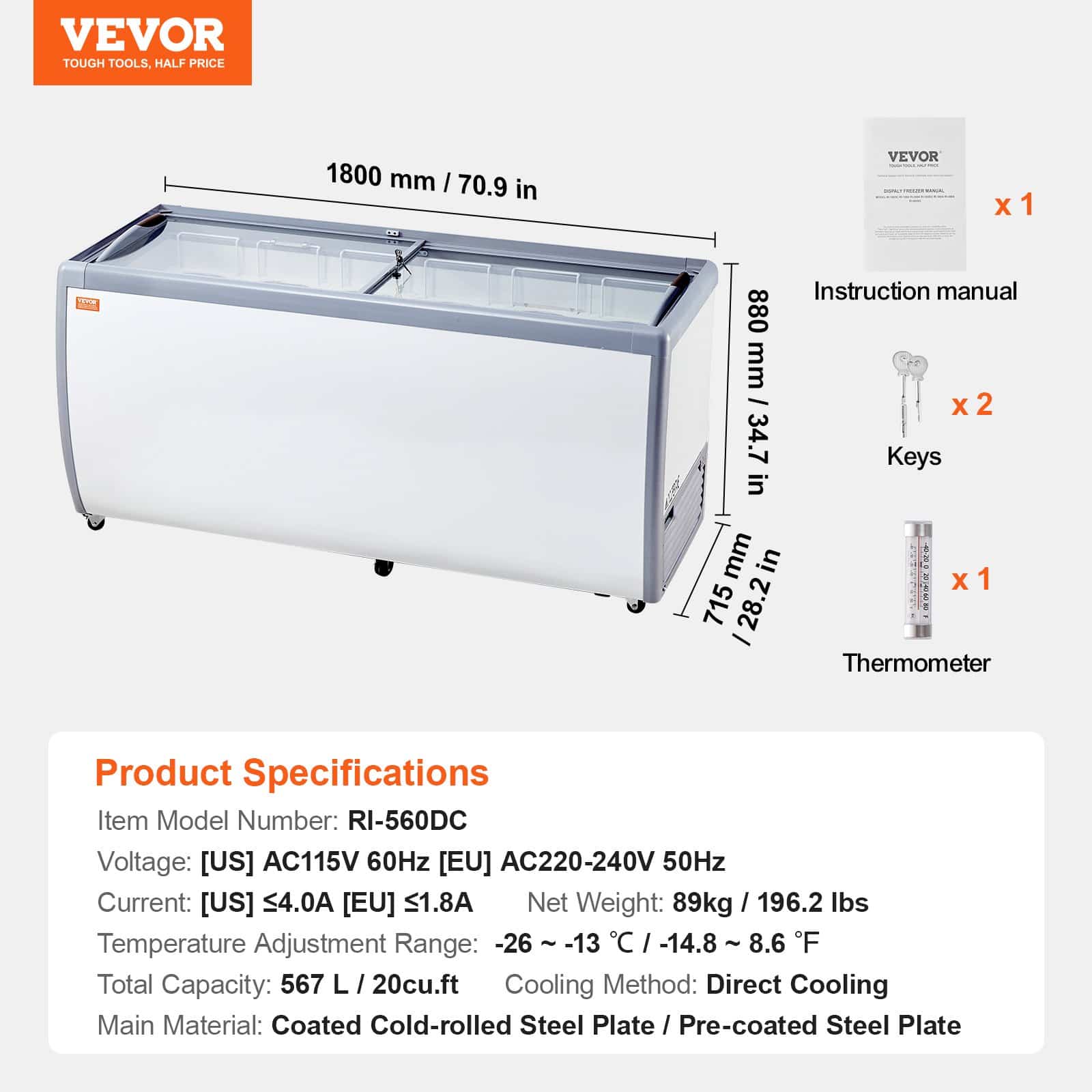 VEVOR 567L Commercial Ice Cream Display Freezer with 12 Tubs, Glass Sliding Doors, LED Lighting, Lockable Casters - White – Paveikslėlis 7