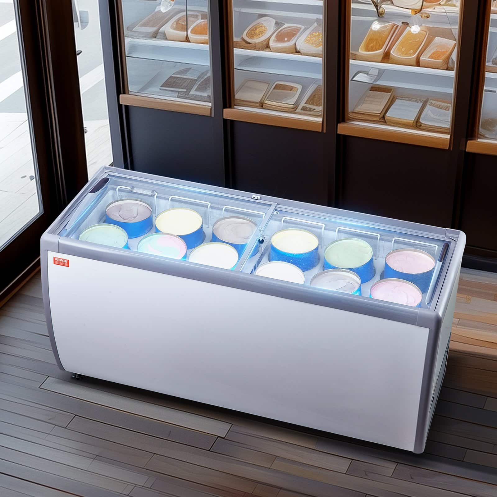 VEVOR 567L Commercial Ice Cream Display Freezer with 12 Tubs, Glass Sliding Doors, LED Lighting, Lockable Casters - White – Paveikslėlis 8
