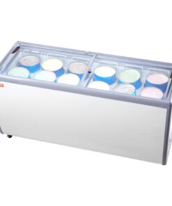 VEVOR 567L Коммерческая витрина-морозильник для мороженого с 12 контейнерами, стеклянными дверцами, LED-подсветкой, блокируемыми колёсами - Белая