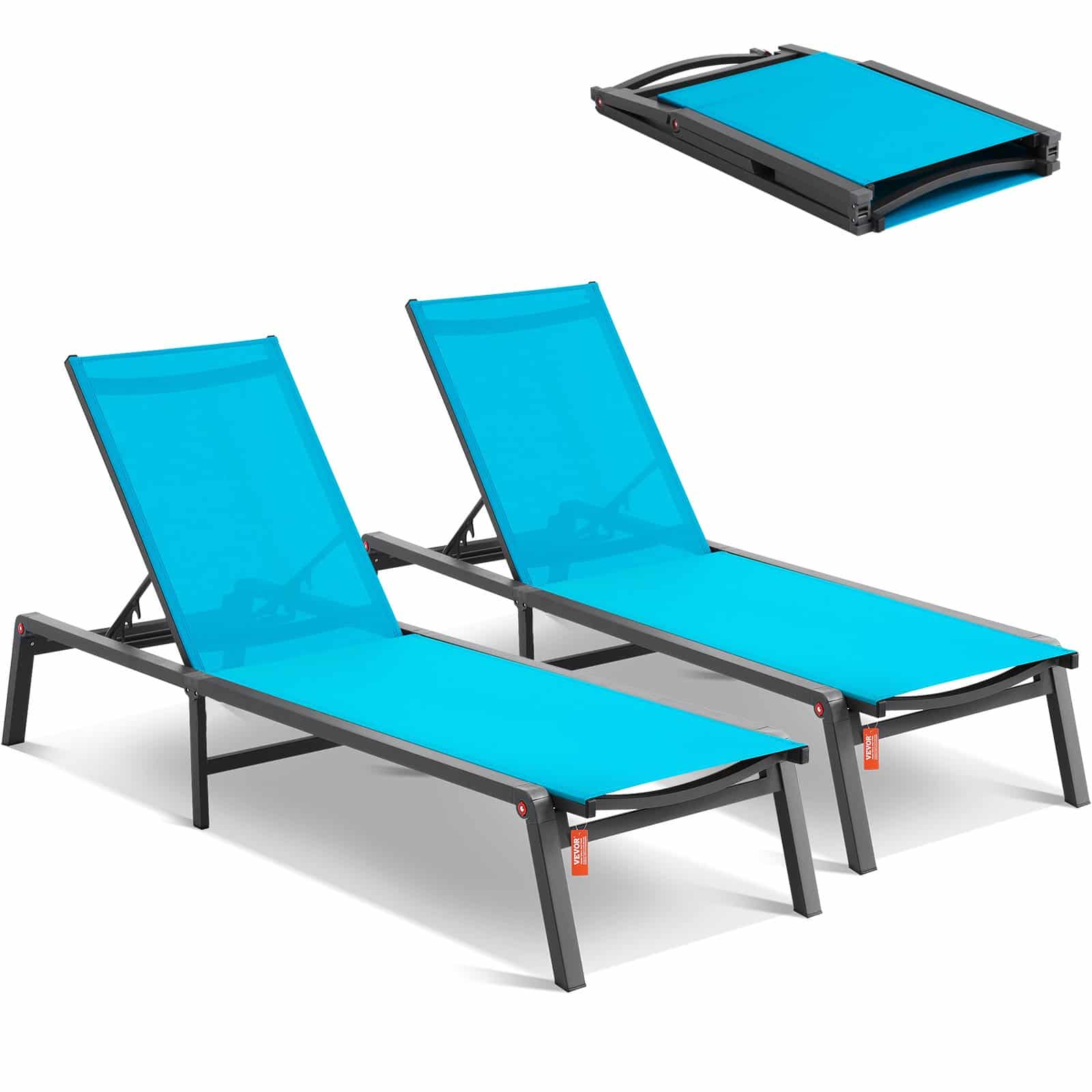 VEVOR 2x Outdoor Aluminum Lounge Chairs, 5-Position Adjustable & Folding, Waterproof Fabric, Blue, for Patio/Beach/Pool