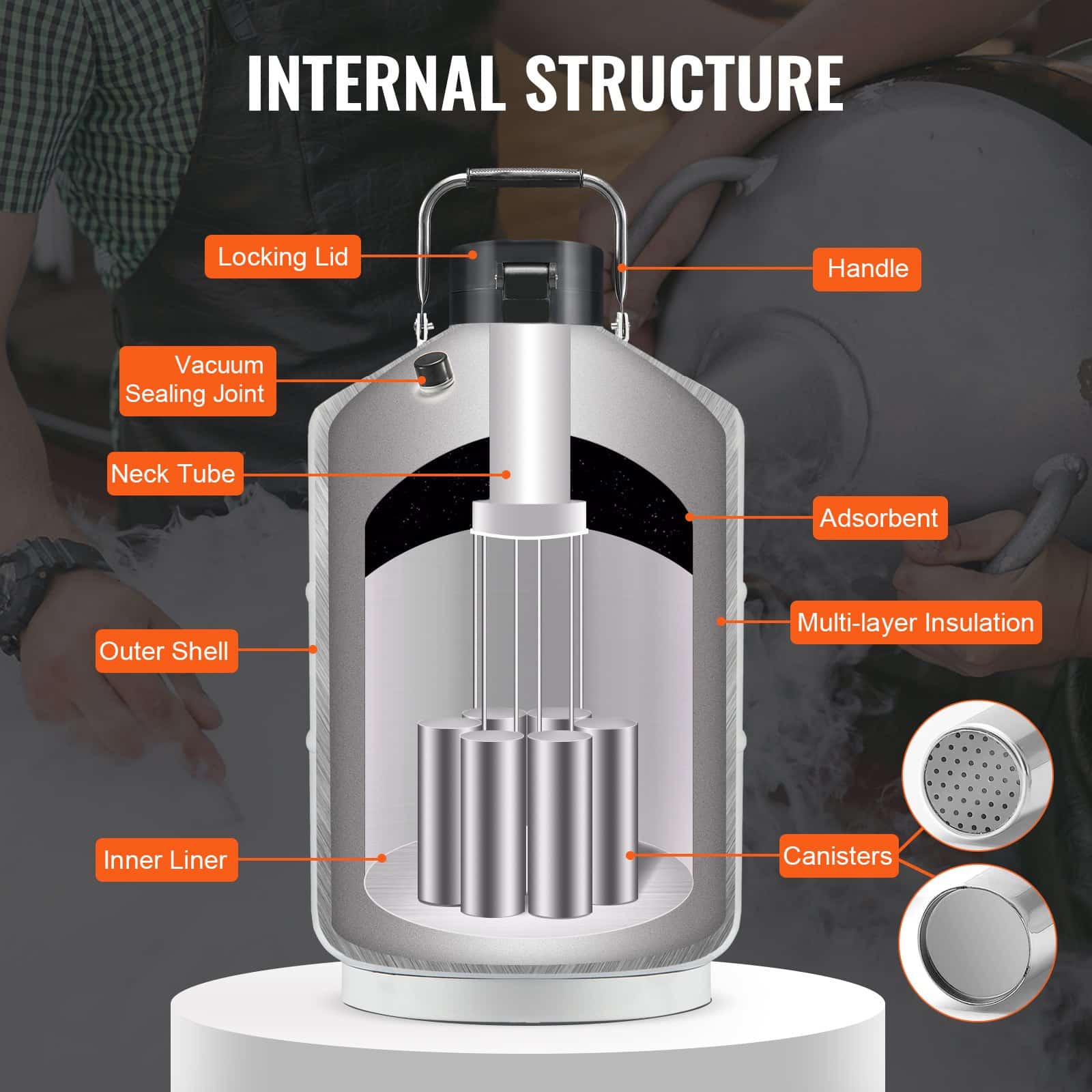 VEVOR 3L Liquid Nitrogen Tank, Aluminum Dewar with 6 Canisters & Carry Bag, Cryogenic Container for Labs, Medical & Beauty Use — изображение 4