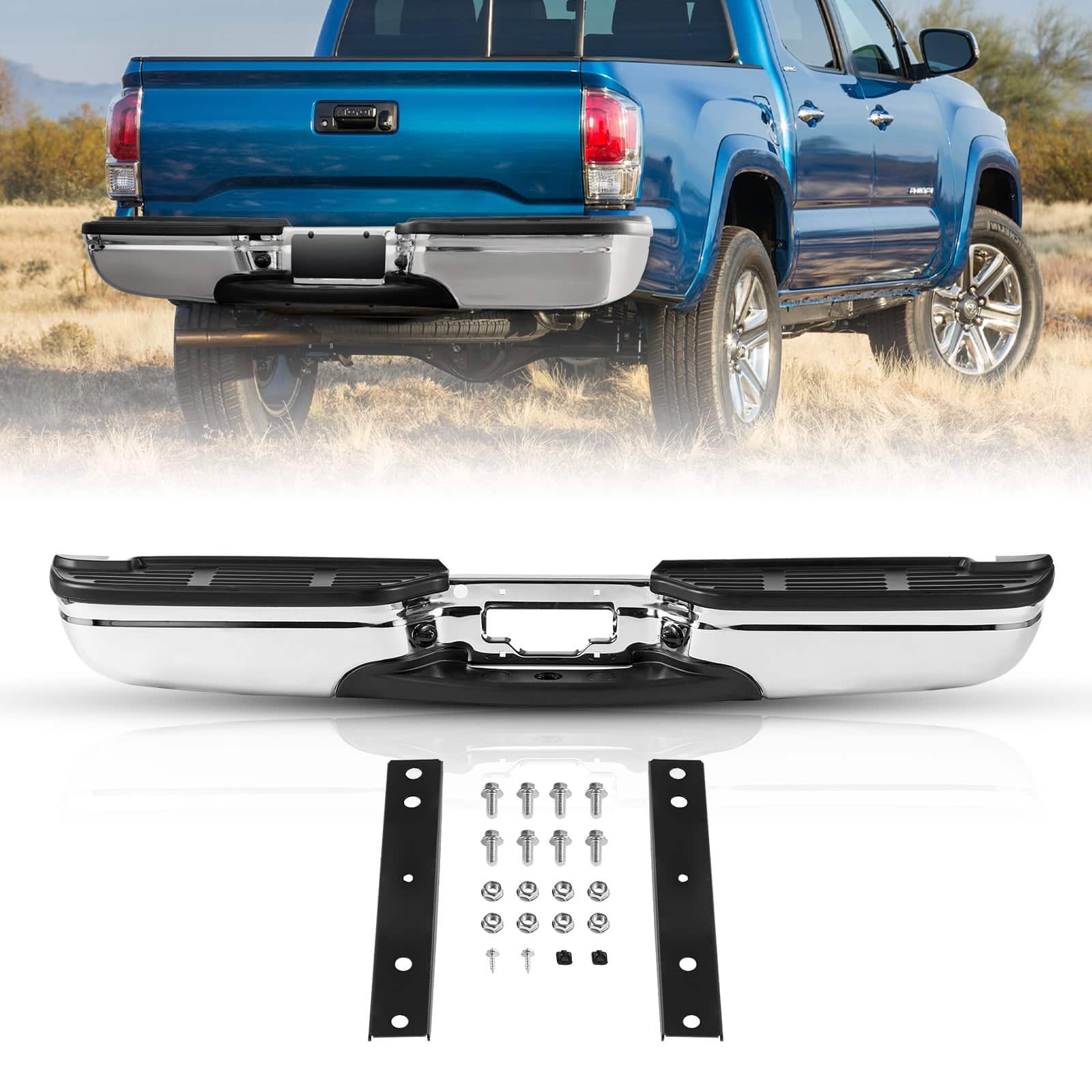 Chrome Steel Rear Step Bumper for Ford F250/F350 Super Duty 1999–2007, with Step Pad & Plate Light, FO1101141