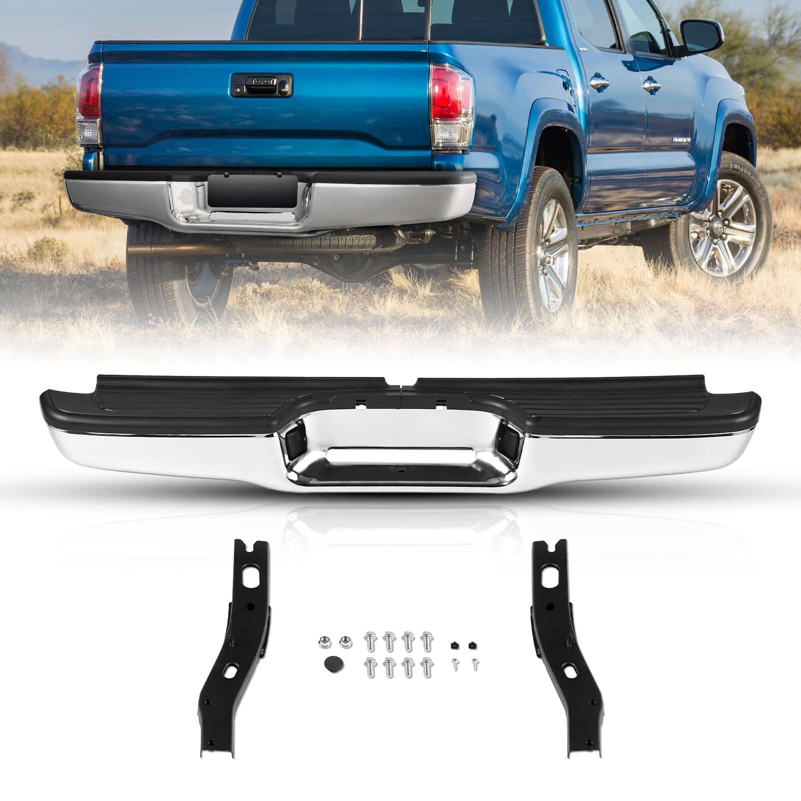 VEVOR Chrome Steel Rear Step Bumper for Toyota Tacoma 1995–2004, with Step Pad & License Light, No Sensor Holes, TO1102215