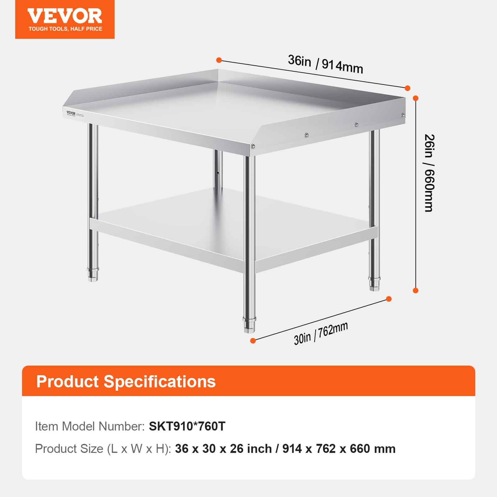 VEVOR Stainless Steel Work Table 76x91x66cm with 3-Sided Backsplash, Adjustable Shelf, for Restaurant, Hotel, Home Kitchen – Paveikslėlis 7