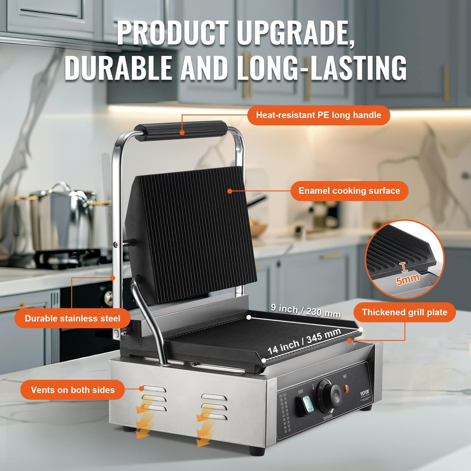 VEVOR Commercial Electric Panini Press Grill 35.6x22.9 cm Non-Stick Sandwich Maker with Adjustable Temperature Control — изображение 3