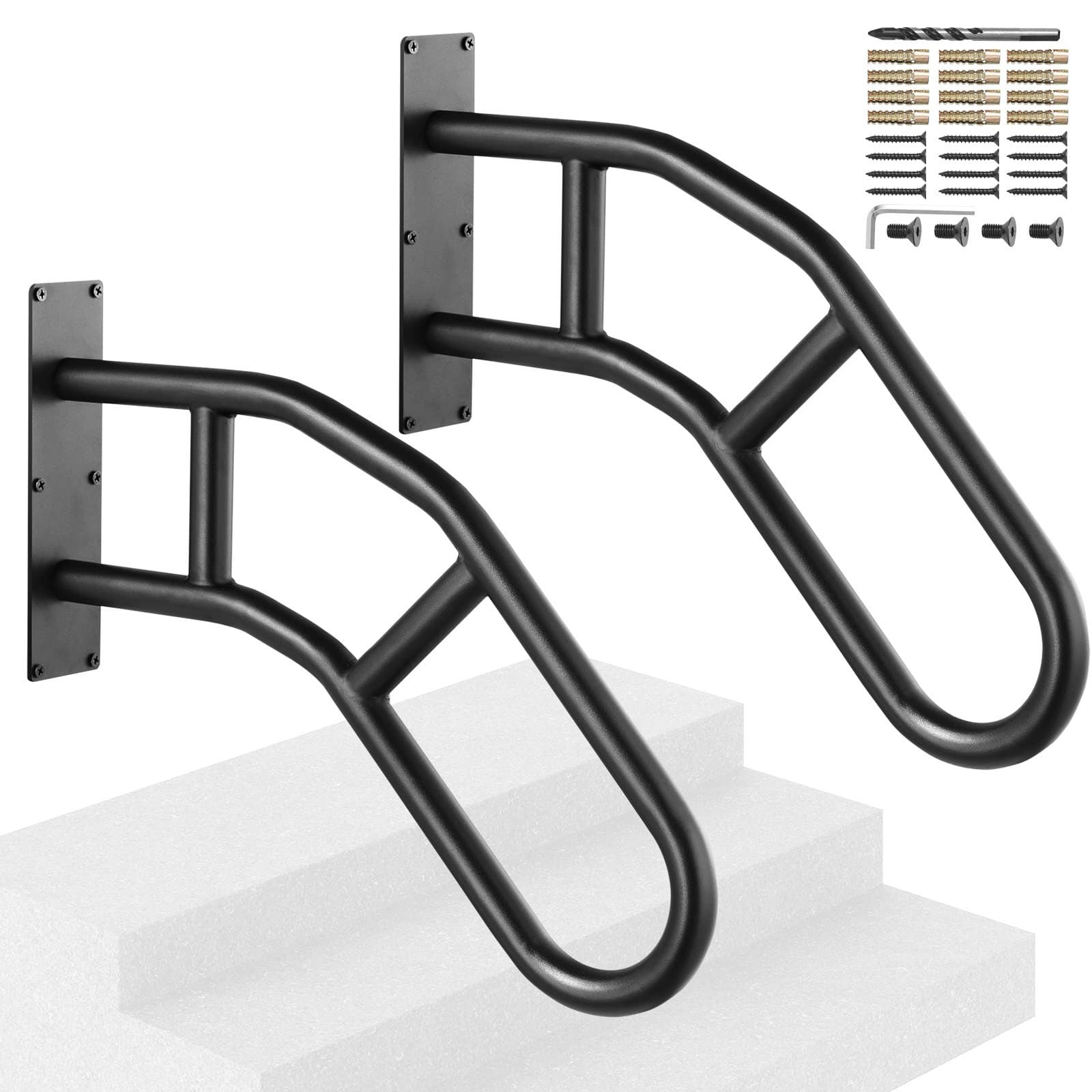 VEVOR Outdoor Wall-Mounted Handrails 74 cm, Matte Black U-Shaped Safety Railings for 1–3 Steps, 2PCS for Kids & Elderly
