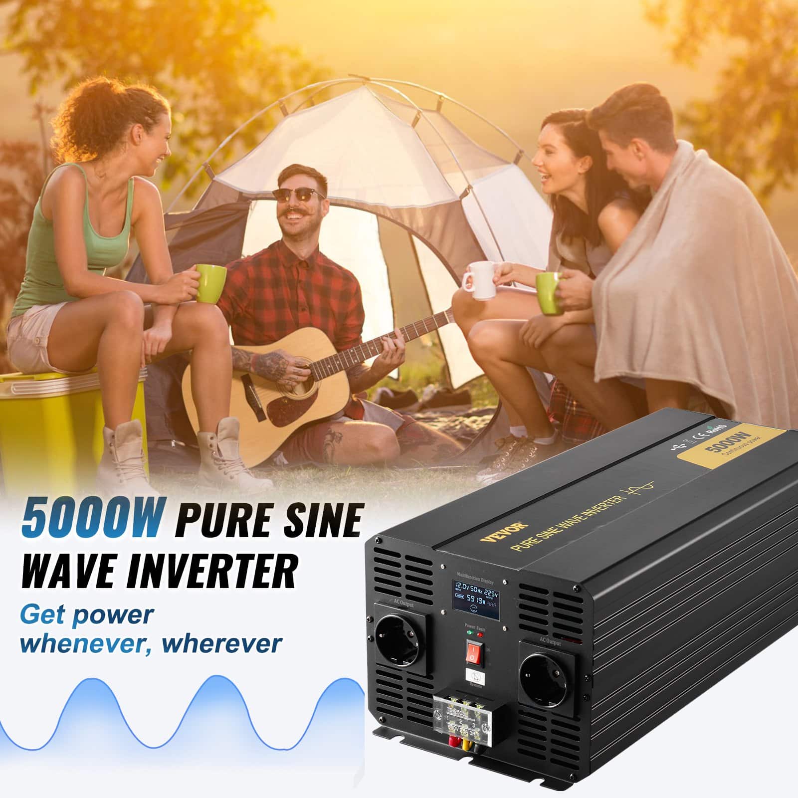 VEVOR 5000W Pure Sine Wave Inverter, 12V DC to 230V AC with LCD, USB, Remote, for Car, RV, Truck, Solar, Camping - Image 2