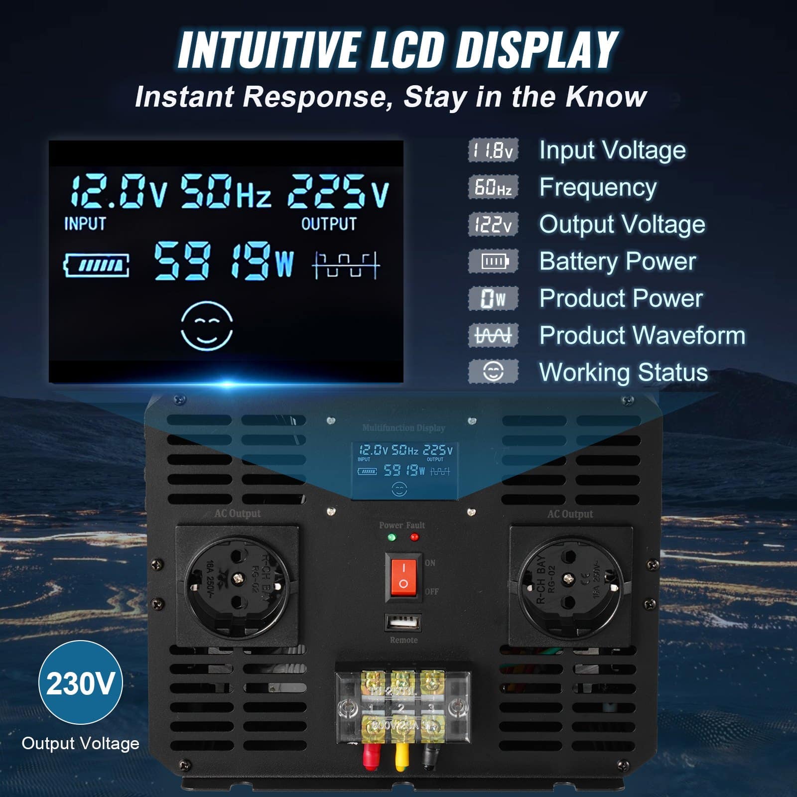 VEVOR 5000W Pure Sine Wave Inverter, 12V DC to 230V AC with LCD, USB, Remote, for Car, RV, Truck, Solar, Camping - Image 3