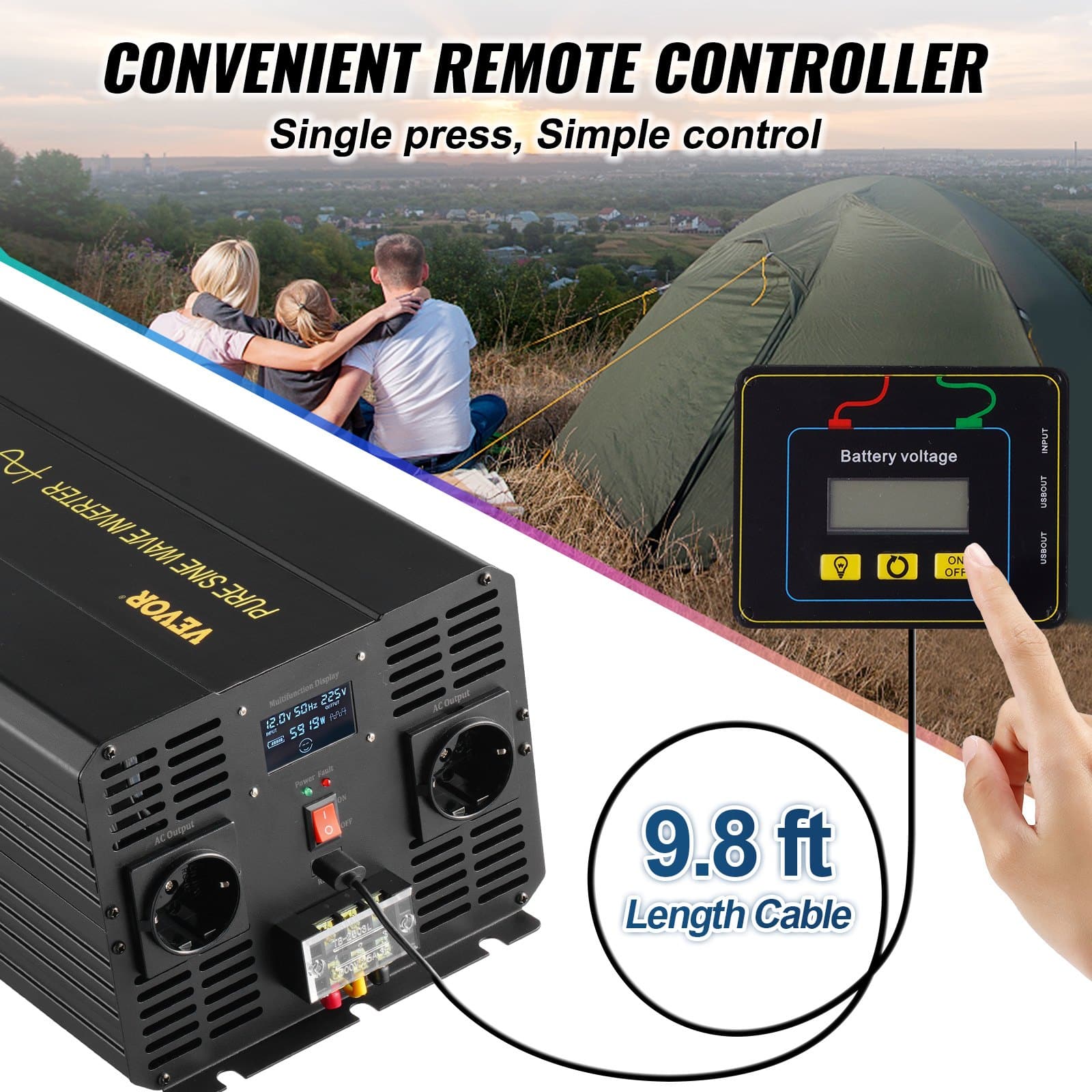 VEVOR 5000W Pure Sine Wave Inverter, 12V DC to 230V AC with LCD, USB, Remote, for Car, RV, Truck, Solar, Camping - Image 4