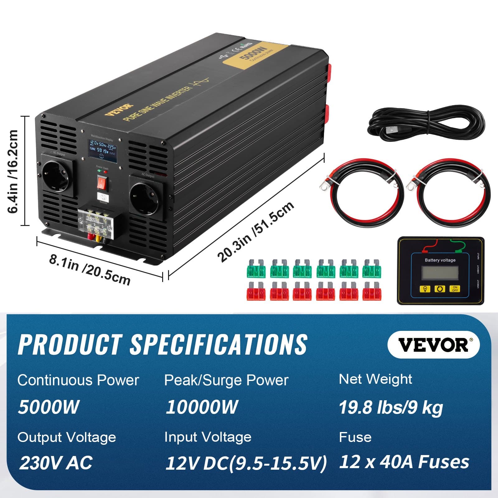 VEVOR 5000W Pure Sine Wave Inverter, 12V DC to 230V AC with LCD, USB, Remote, for Car, RV, Truck, Solar, Camping - Image 7