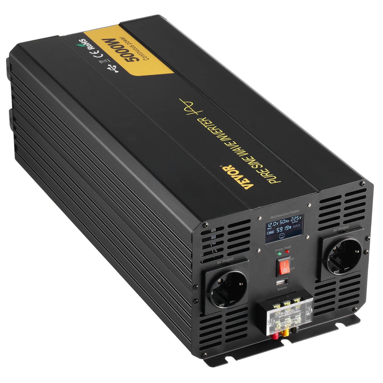 VEVOR 5000W Pure Sine Wave Inverter, 12V DC to 230V AC with LCD, USB, Remote, for Car, RV, Truck, Solar, Camping - Image 9