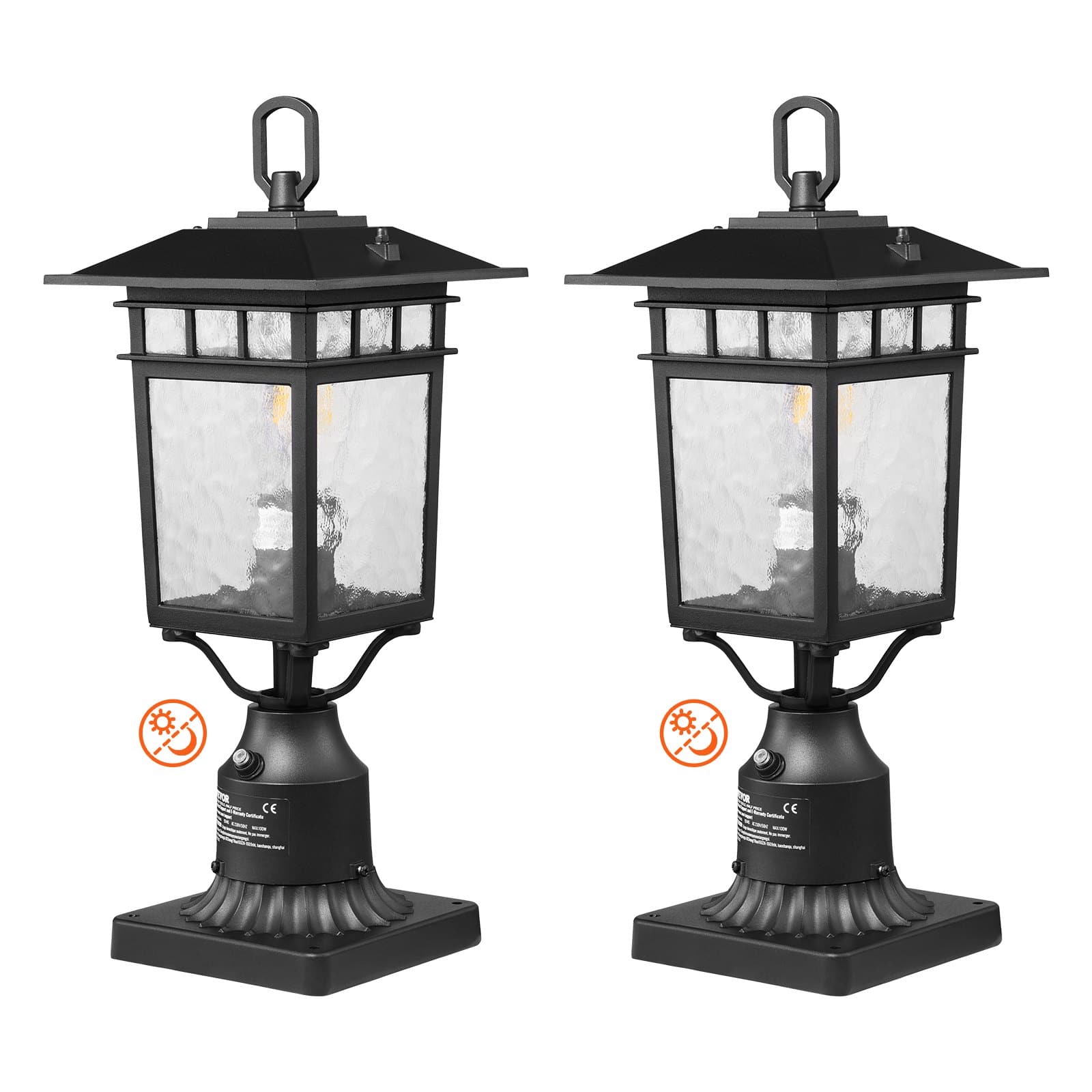 VEVOR 2-Pack 400 mm Outdoor Post Lights with Dusk-to-Dawn Sensor, Waterproof E27 Fixtures with Glass Shade & Pier Mount Base