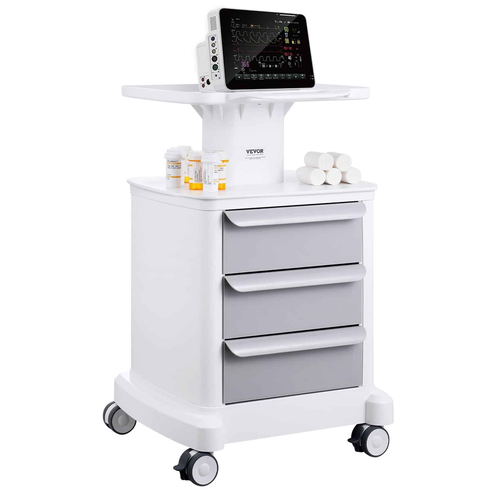 VEVOR 4-Tier ABS Lab Utility Cart with 3 Drawers, Top Tray & Silent Wheels, Mobile Medical Storage Trolley, 50kg Capacity, White