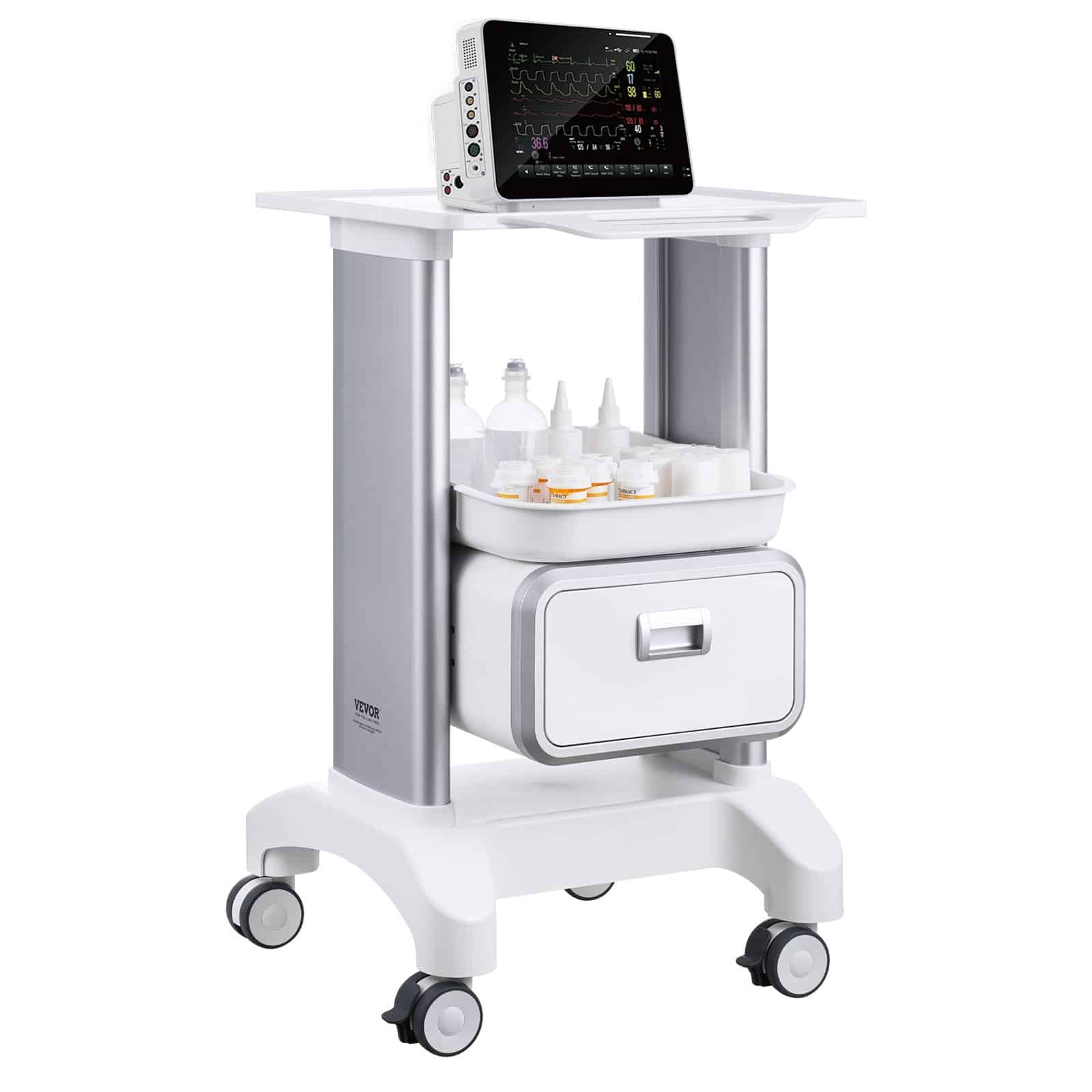 VEVOR 2-Tier ABS Lab Utility Cart with Drawer & Tray, Silent Wheels, 50kg Capacity, Mobile Medical Trolley - White