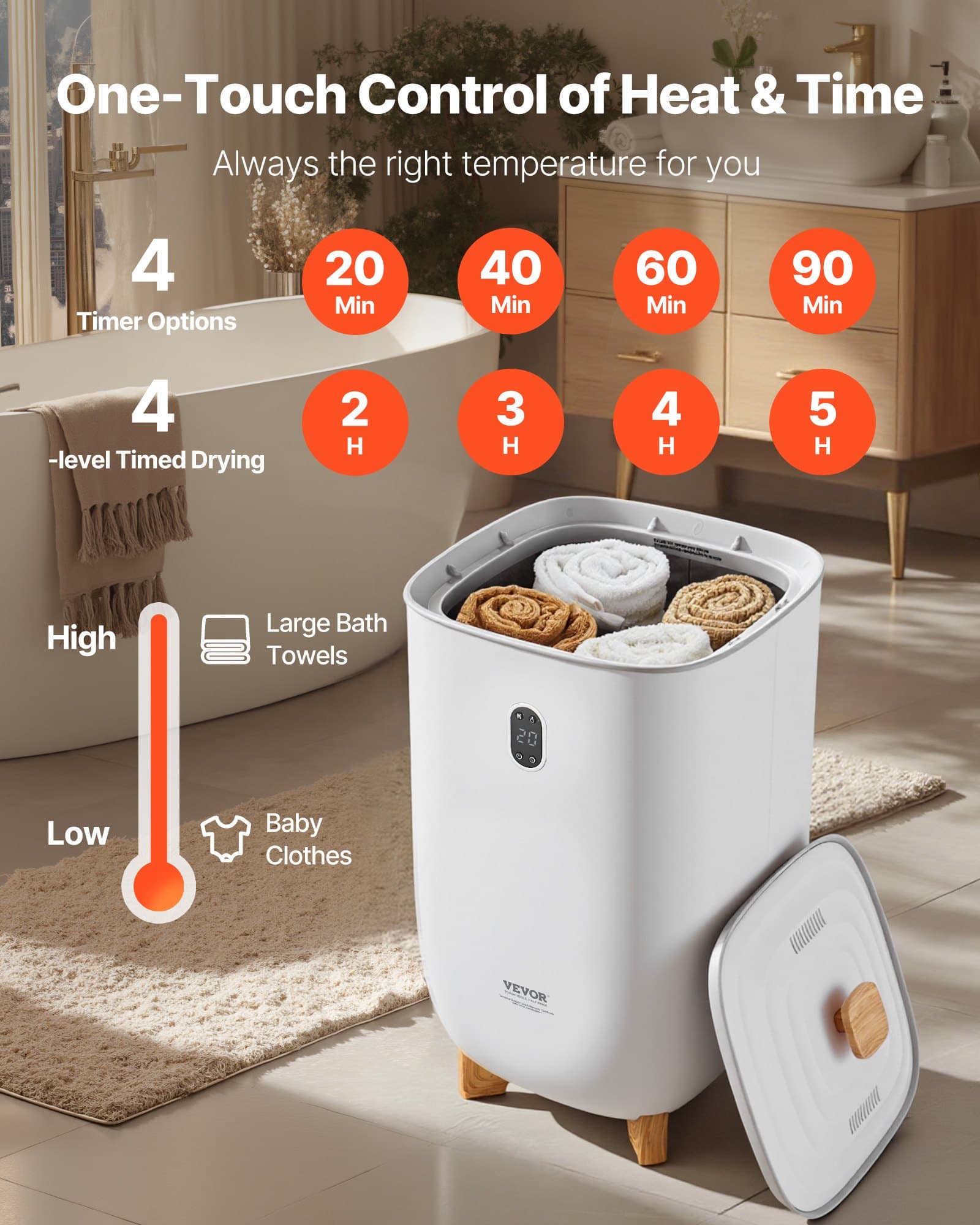 VEVOR 35L Electric Towel Warmer Bucket with Auto Shut-Off, 2 Temp Levels & Timer, Fits 6 Towels, for Bathroom & Spa - Image 6