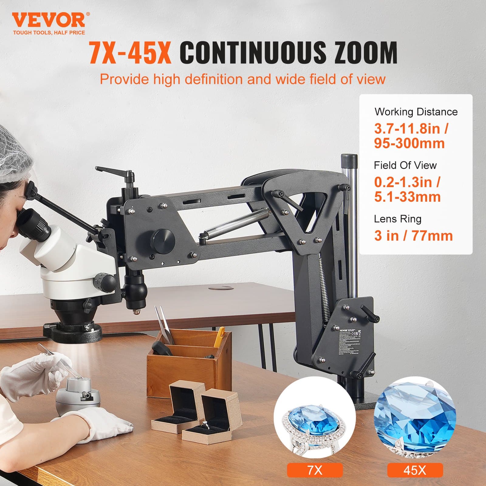 VEVOR 7X-45X Jewelry Microscope with Spring Bracket, LED Ring Light, USB, 360° Ball Vise, Adjustable Stand, for Jewelry Inlay - Зображення 2
