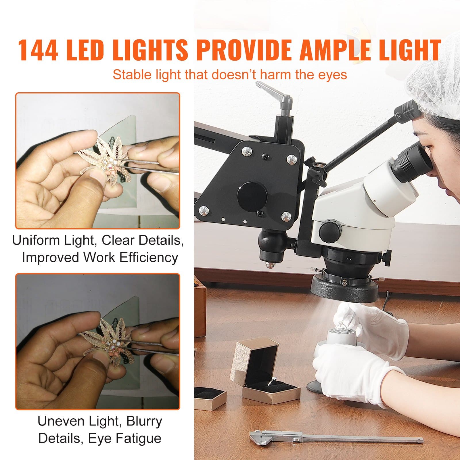 VEVOR 7X-45X Jewelry Microscope with Spring Bracket, LED Ring Light, USB, 360° Ball Vise, Adjustable Stand, for Jewelry Inlay - Зображення 5