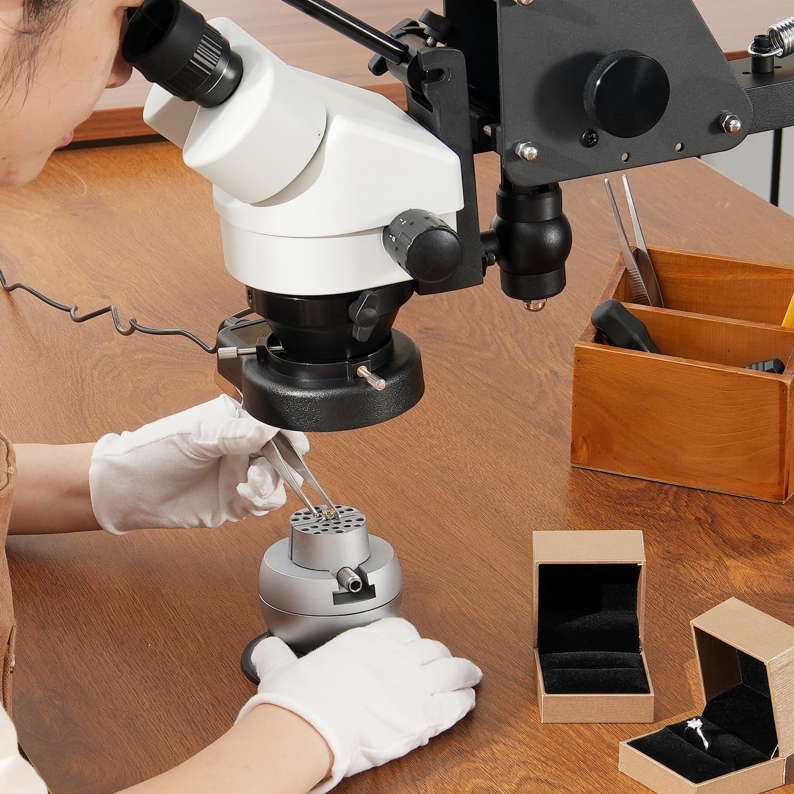VEVOR 7X-45X Jewelry Microscope with Spring Bracket, LED Ring Light, USB, 360° Ball Vise, Adjustable Stand, for Jewelry Inlay - Зображення 8
