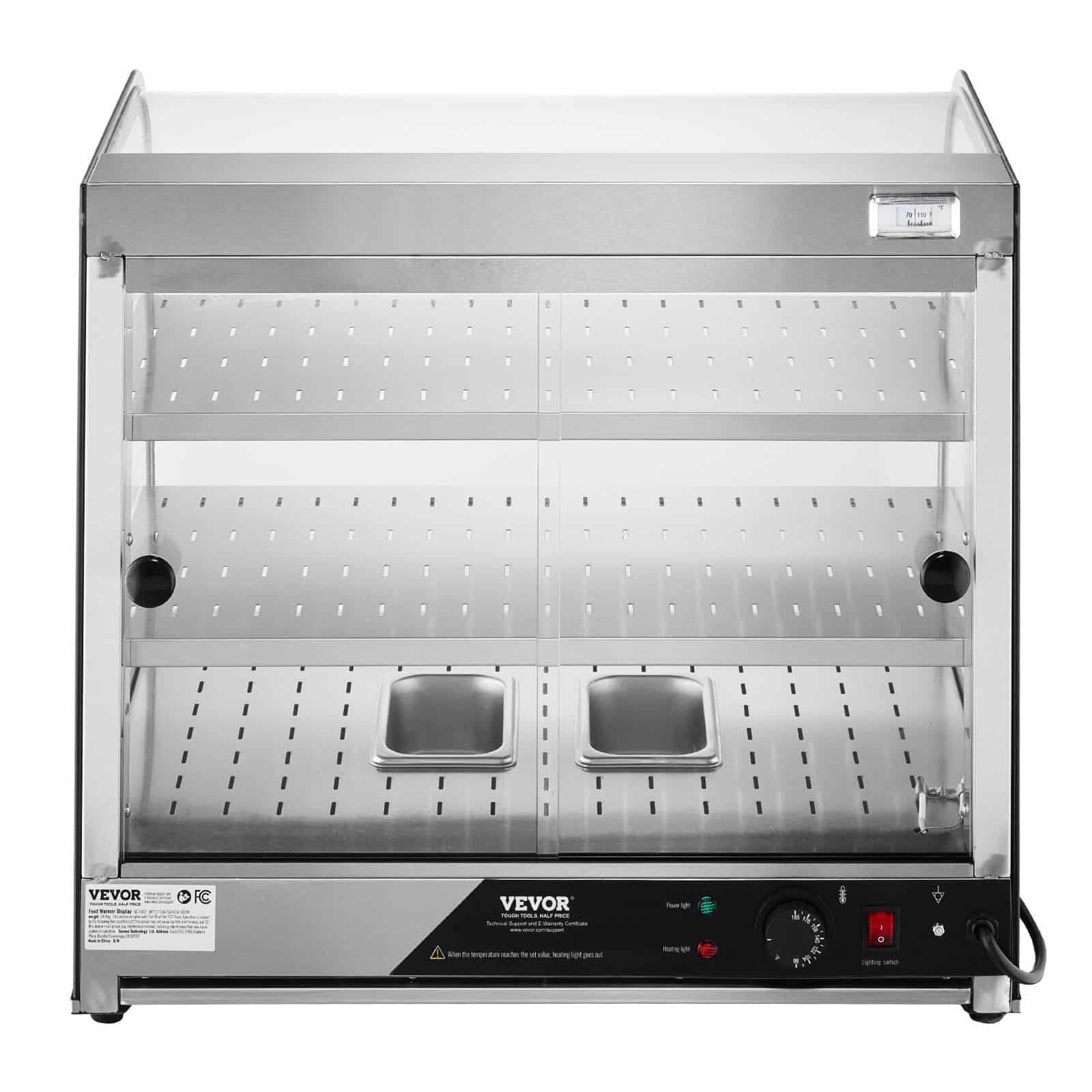VEVOR 111L 2-Tier Commercial Food Warmer Display, 850W, 30–85°C Temp Control, Glass, Steam Heating for Pizza, Burgers, Pastries - Pilt 12