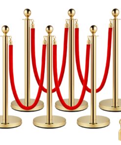 VEVOR 6-Pack Gold Stainless Steel Stanchion Set with 1.5m Red Velvet Ropes – Crowd Control Barrier for Events & Venues