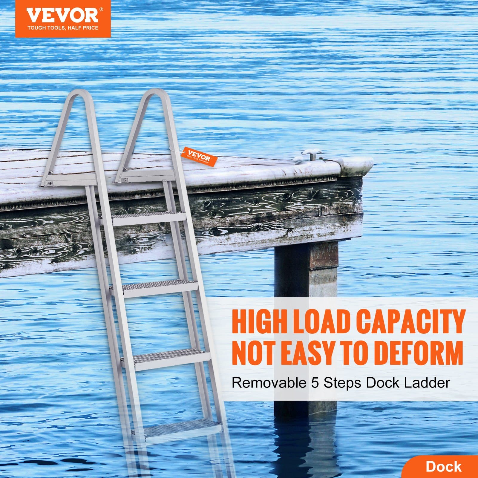 VEVOR 5-Step Removable Dock Ladder, 159kg Load, Non-Slip 30x10cm Steps, Aluminum Marine Boarding Ladder for Boat/Pool/Dock - Зображення 2