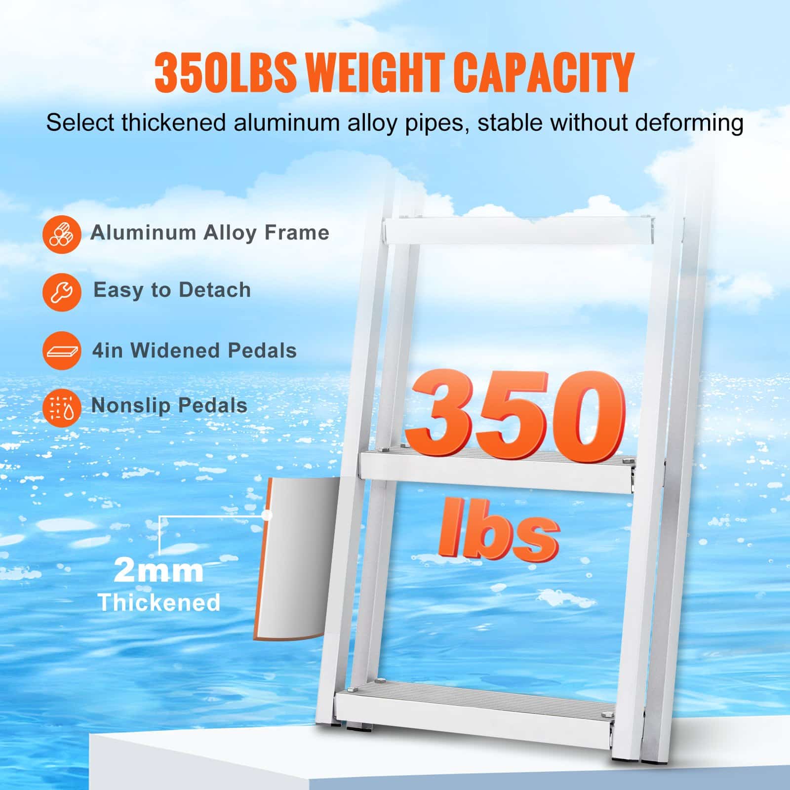 VEVOR 5-Step Removable Dock Ladder, 159kg Load, Non-Slip 30x10cm Steps, Aluminum Marine Boarding Ladder for Boat/Pool/Dock - Зображення 3