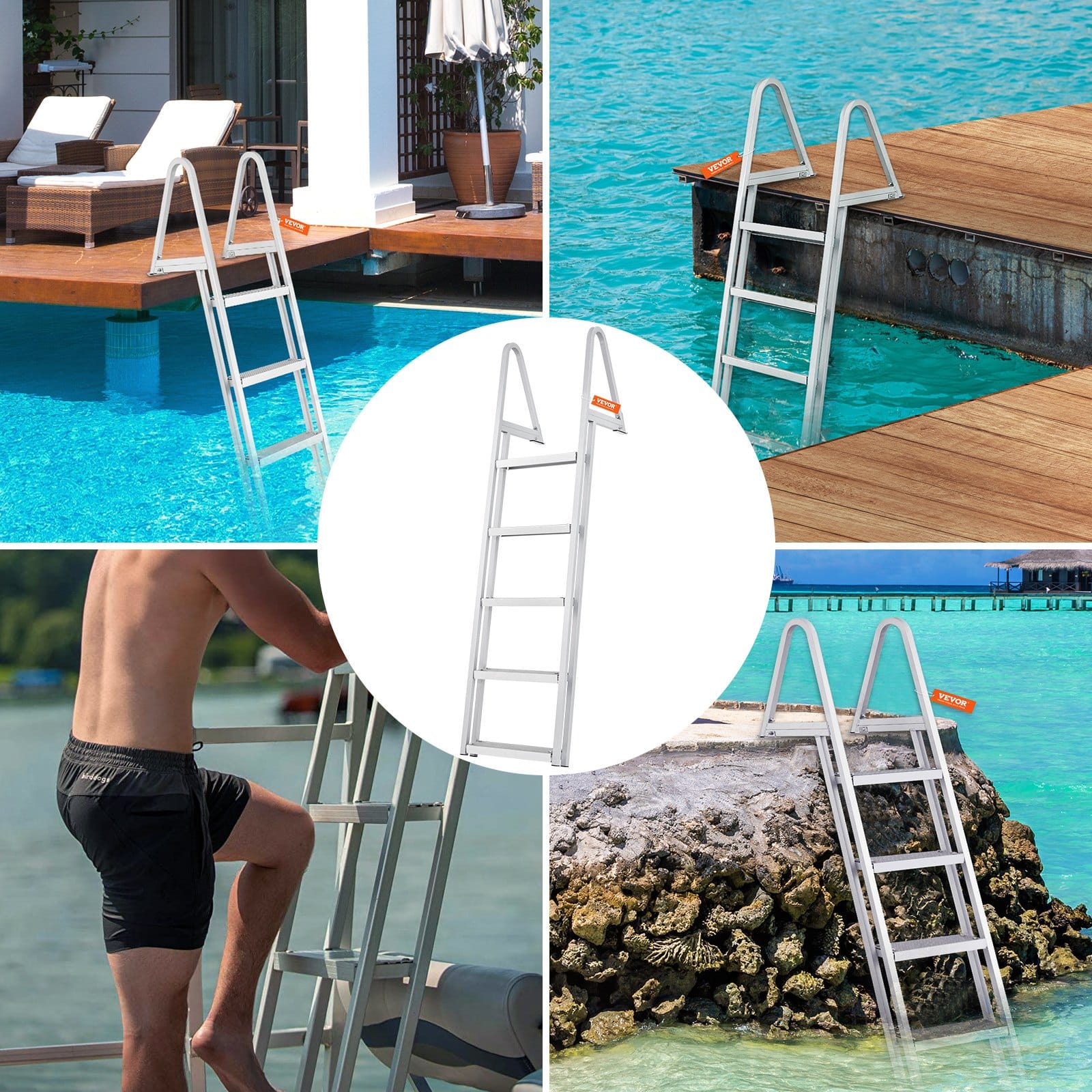 VEVOR 5-Step Removable Dock Ladder, 159kg Load, Non-Slip 30x10cm Steps, Aluminum Marine Boarding Ladder for Boat/Pool/Dock - Зображення 6
